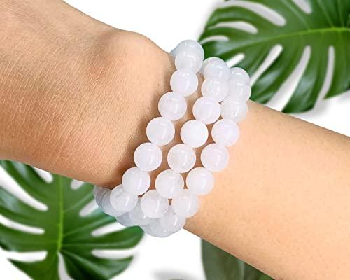 Soul Charms Crystals White Jade Beaded Crystal Bracelet 8mm Beads Stackable | Calming, Energy Balance, Protection, Dreaming, Spiritual Gift Her, Healing Bracelet