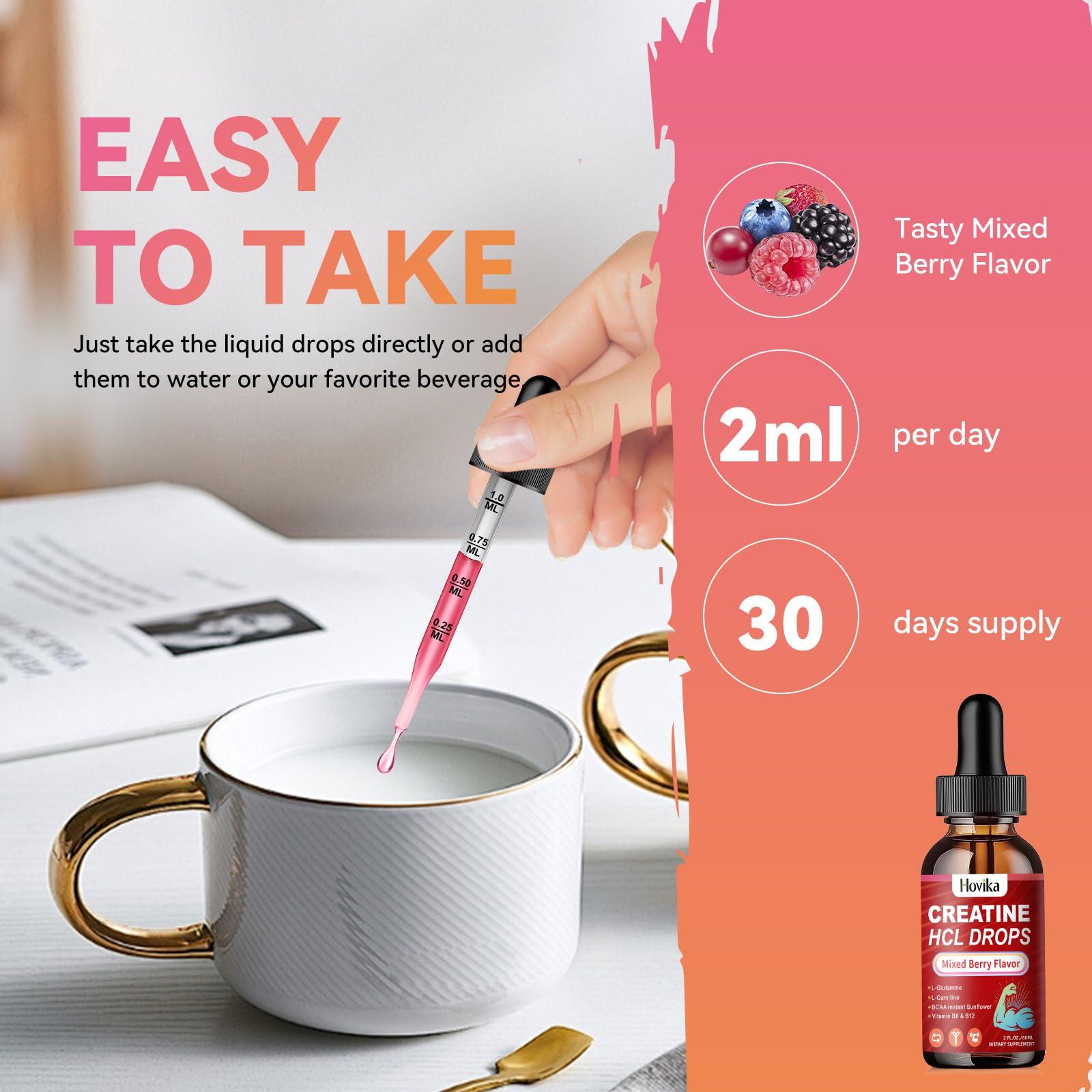 Hovika Creatine HCL Liquid Drops for Men & Women, Creatine Hydrochloride with L-Carnitine, L-Glutamine, BCAA, Vitamin B12 & B6 for Muscle Growth & Recovery-Vegan, Mixed Berry Flavor Flavor, 2 Fl Oz