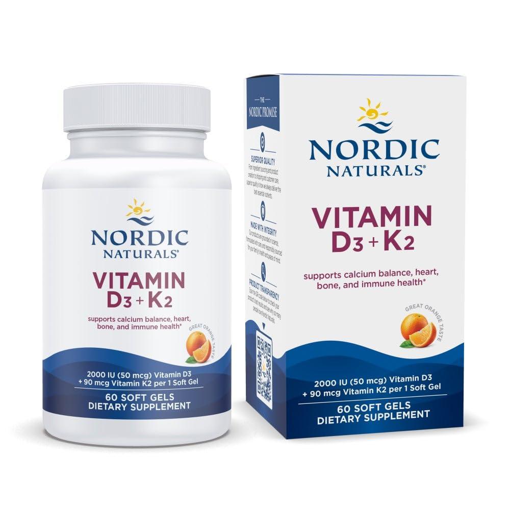 Nordic Naturals Nordic Naturals Vitamin D3 + K2, Orange Taste - 60 Soft Gels - Synergistic Support for Bones, Immune Function & Calcium Balance - Non-GMO - 60 Servings