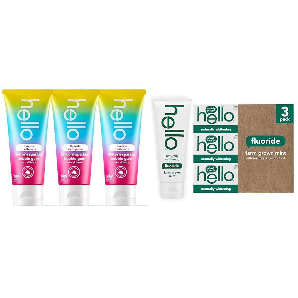 hello hello Unicorn Sparkle Kids Fluoride Toothpaste, Natural Bubble Gum Flavor, ADA Approved & Naturally Whitening Fluoride Toothpaste, Natural Peppermint Flavor and Tea Tree Oil