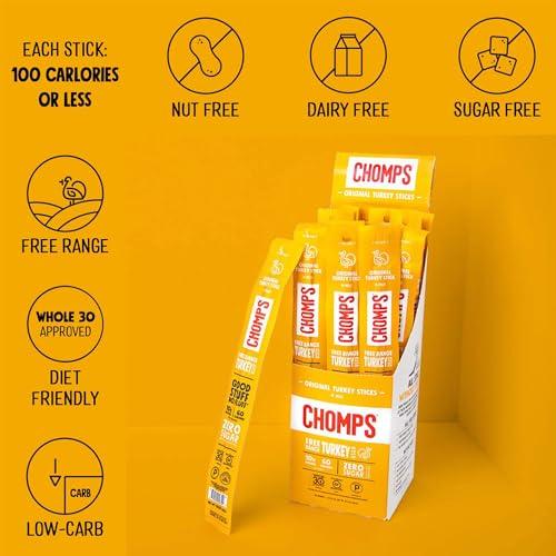Chomps CHOMPS Free Range Original Turkey Jerky Meat Snack , Keto, Paleo, Whole30 Approved, Low Carb, High Protein, Sugar/Gluten Free, Non-GMO, 60 Calories 1.15 Oz Sticks, 10 Pack