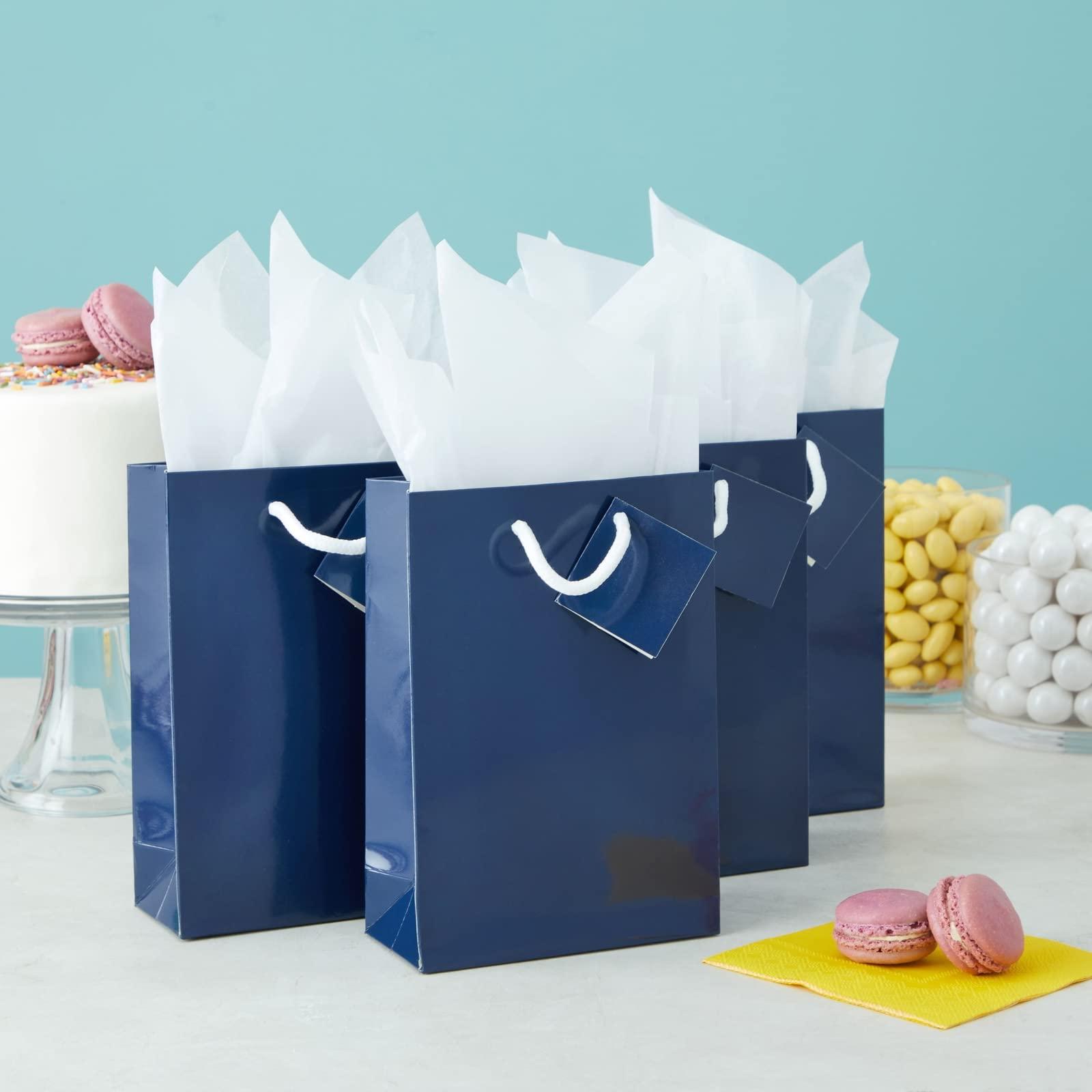 BLUE PANDA BLUE PANDA - 20-Pack Small Paper Gift Bags with Handles, 5.5x2.5x7.9-Inch Goodie with 20 Sheets White Tissue Paper and 20 Hang Tags for Small Business (Navy Blue)