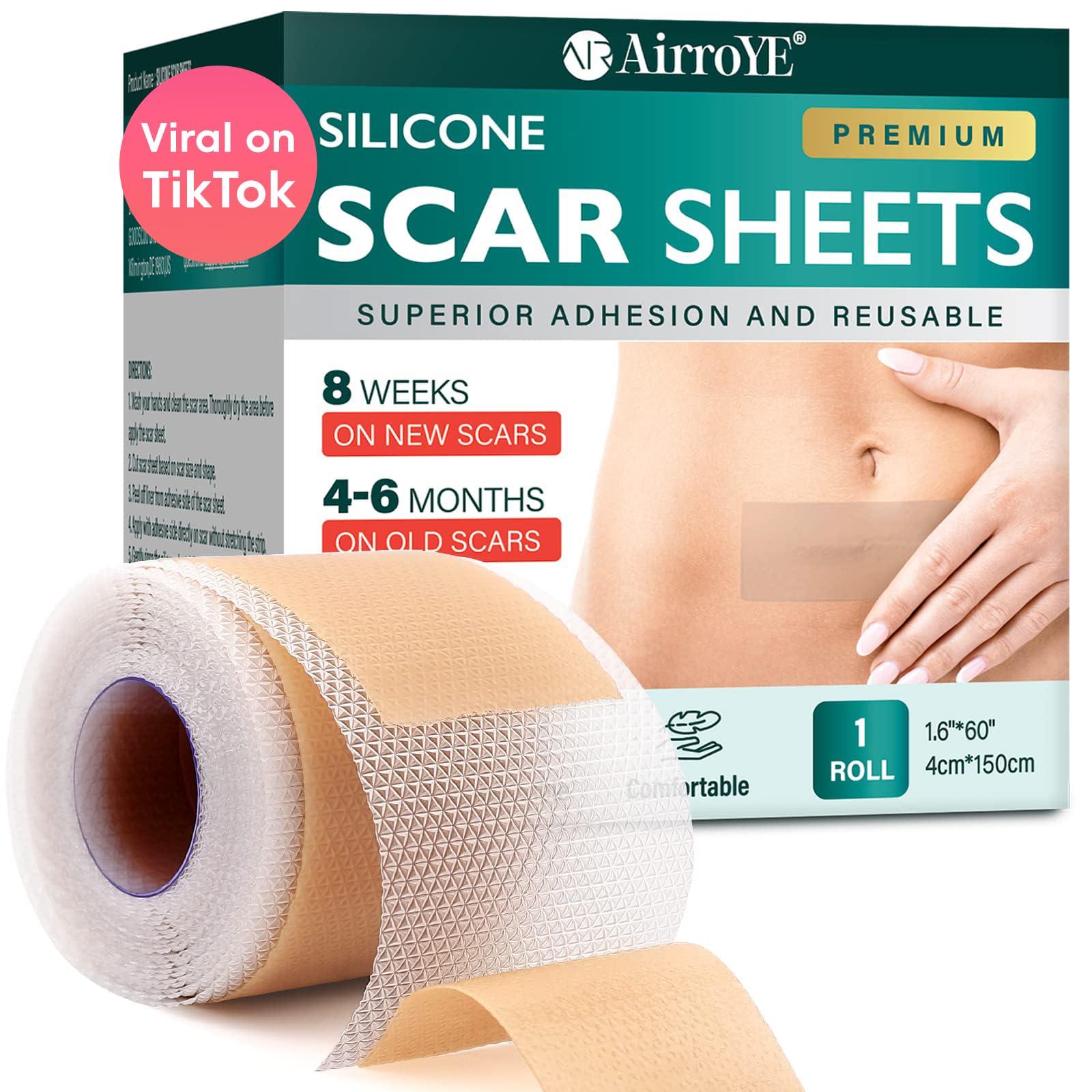 AirroYE Silicone Scar Sheets,Silicone Scar Tape(1.6\"x 60\" Roll-1.5M), Reusable And Effective Scar Removal Sheets, Silicone Scar Removal Sheets For Surgical Scars,Healing Keloid, C-Section, Tummy Tuck