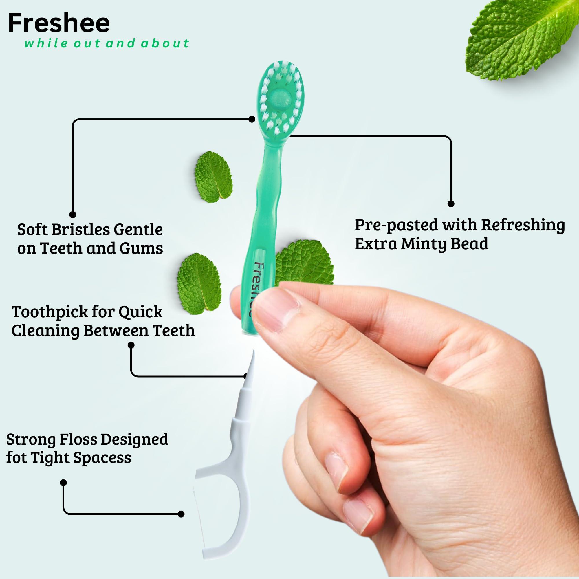Freshee Freshee 5 in 1 Disposable Mini Toothbrush with Toothpaste + Floss + Pick + Tongue Scraper | Travel Size | Individually Wrapped | Soft | Mint | Travel Set | Oral Care