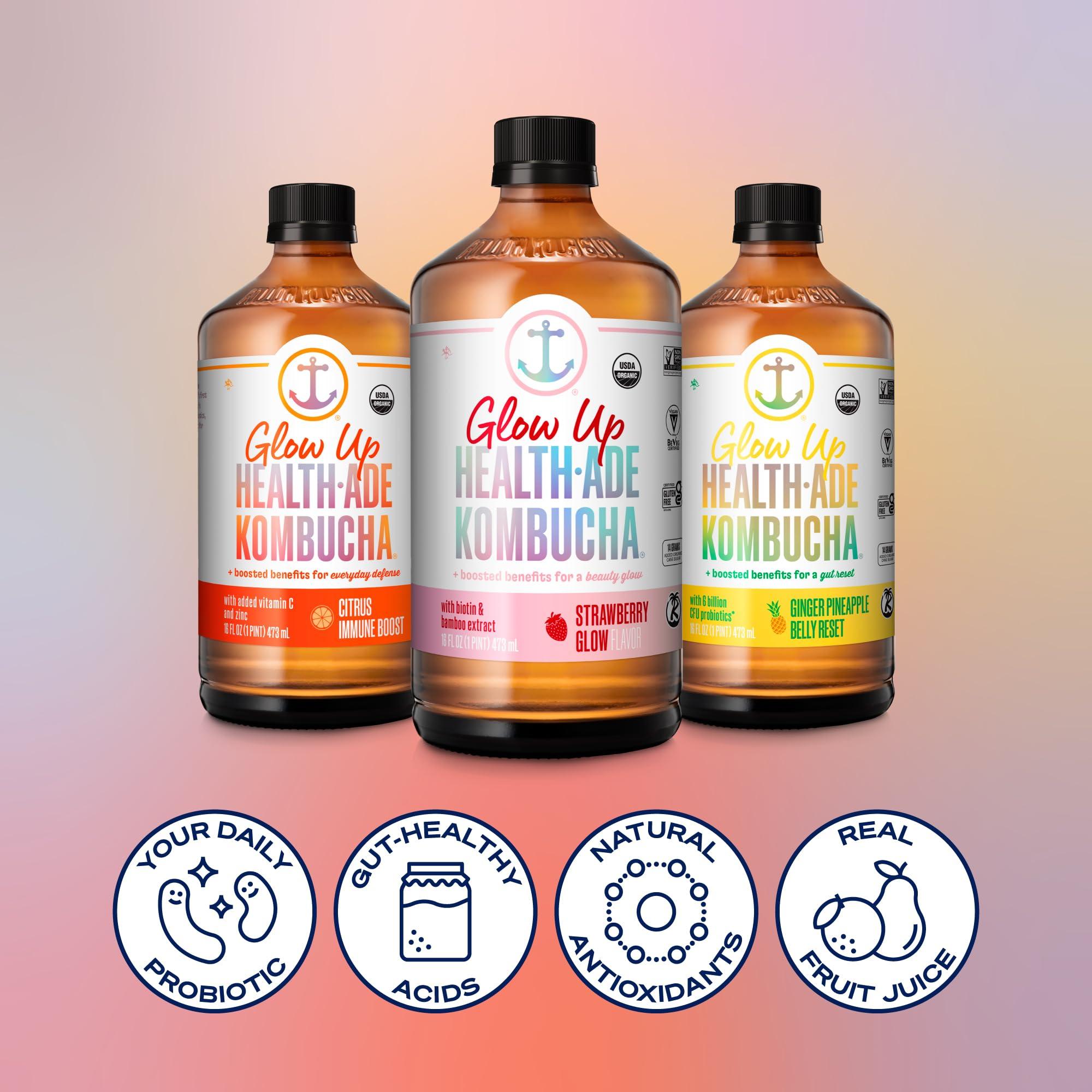 Health-Ade Health-Ade Kombucha Tea Organic Drink, Fermented Tea with Living Probiotics, Detoxifying Acids, Supports Gut Health, Non-GMO, Vegan, Gluten Free, 12 Pack (16 Fl Oz Bottles), Glow Up Variety Pack