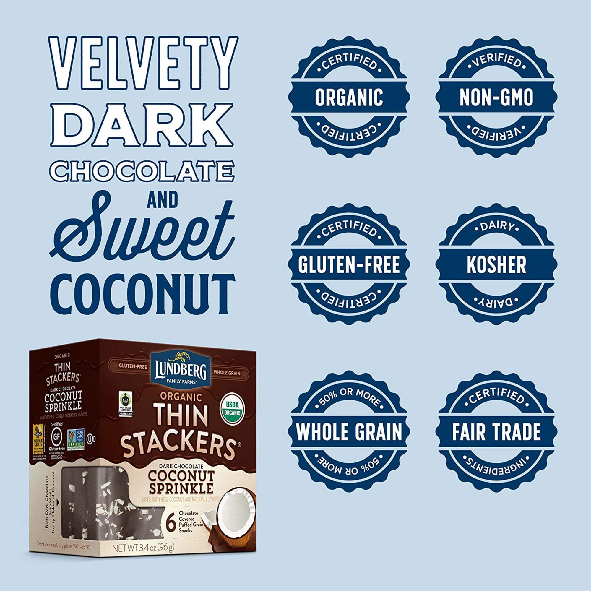 Lundberg Lundberg, Organic Thin Stackers, 3.4 oz (GlutenFree, Whole Grain, Kosher Dairy, USDA Organic, NonGMO Project Verified, Fair Trade Certified Ingredients), Dark Chocolate Coconut Sprinkle, 6 Count