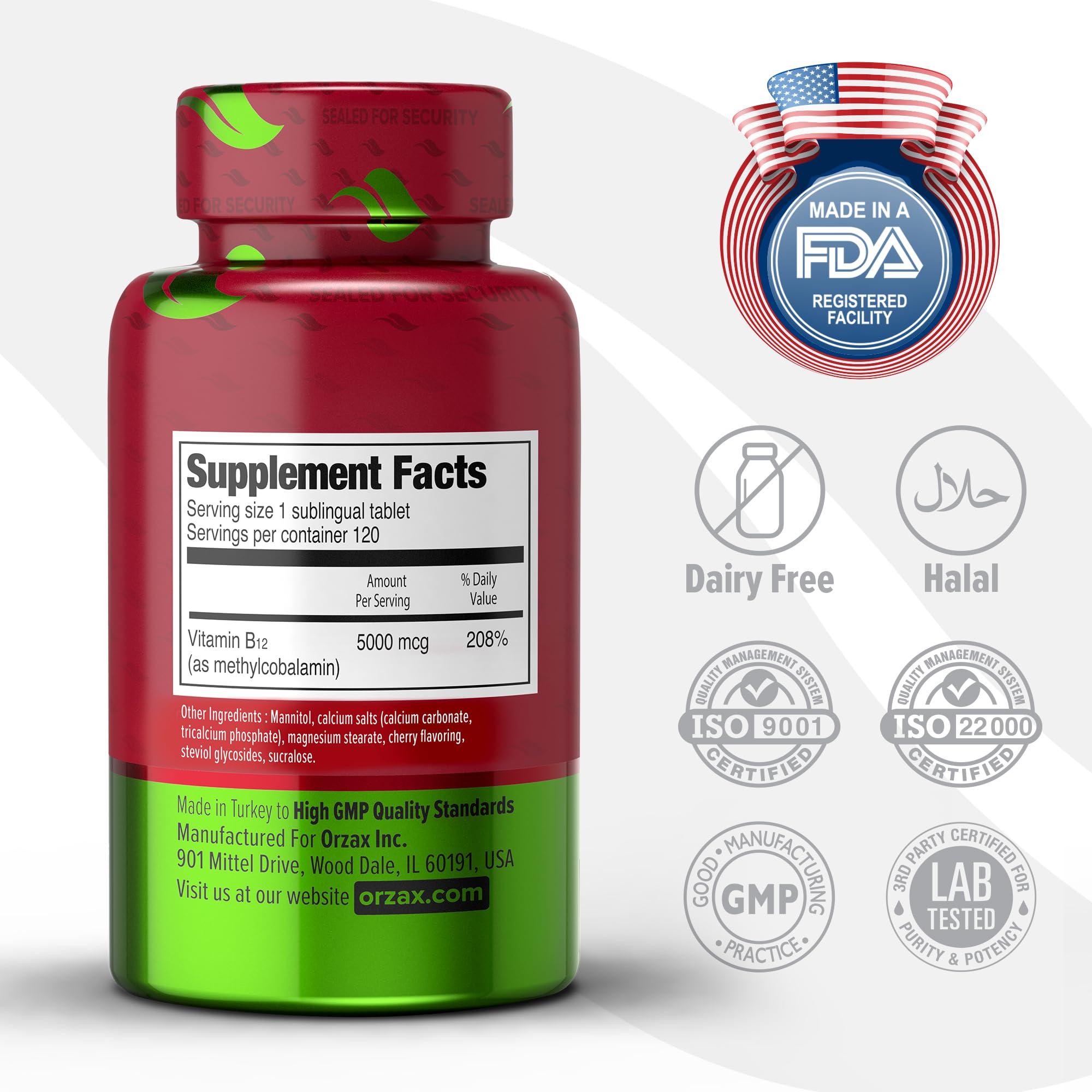 ORZAX ORZAX Vitamin B12 5000 mcg Methylcobalamin for Memory, Mood, Cardiovascular and Energy Supplement - Cherry Flavored - 120 Sublingual Tablets