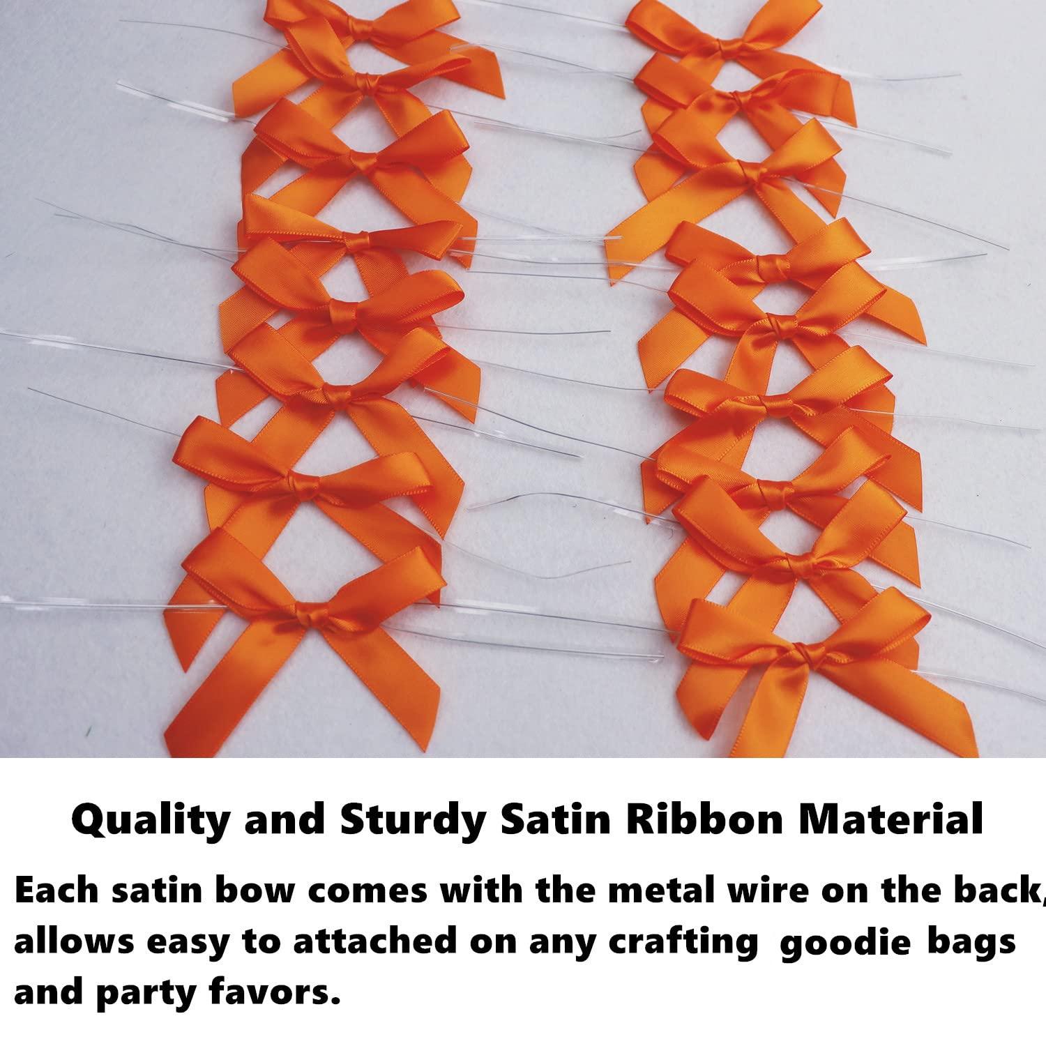 GUIFIER GUIFIER 100 Pack Orange Pretied Bows, 3\" Satin Ribbon Twist Tie Bows for Treat Bags, Pre Tied Ribbon Bows Twist Tie for Crafts, Twist Bows Tied Bows with Wire for Gift Bags, Popcorn Bags, Candy Bags
