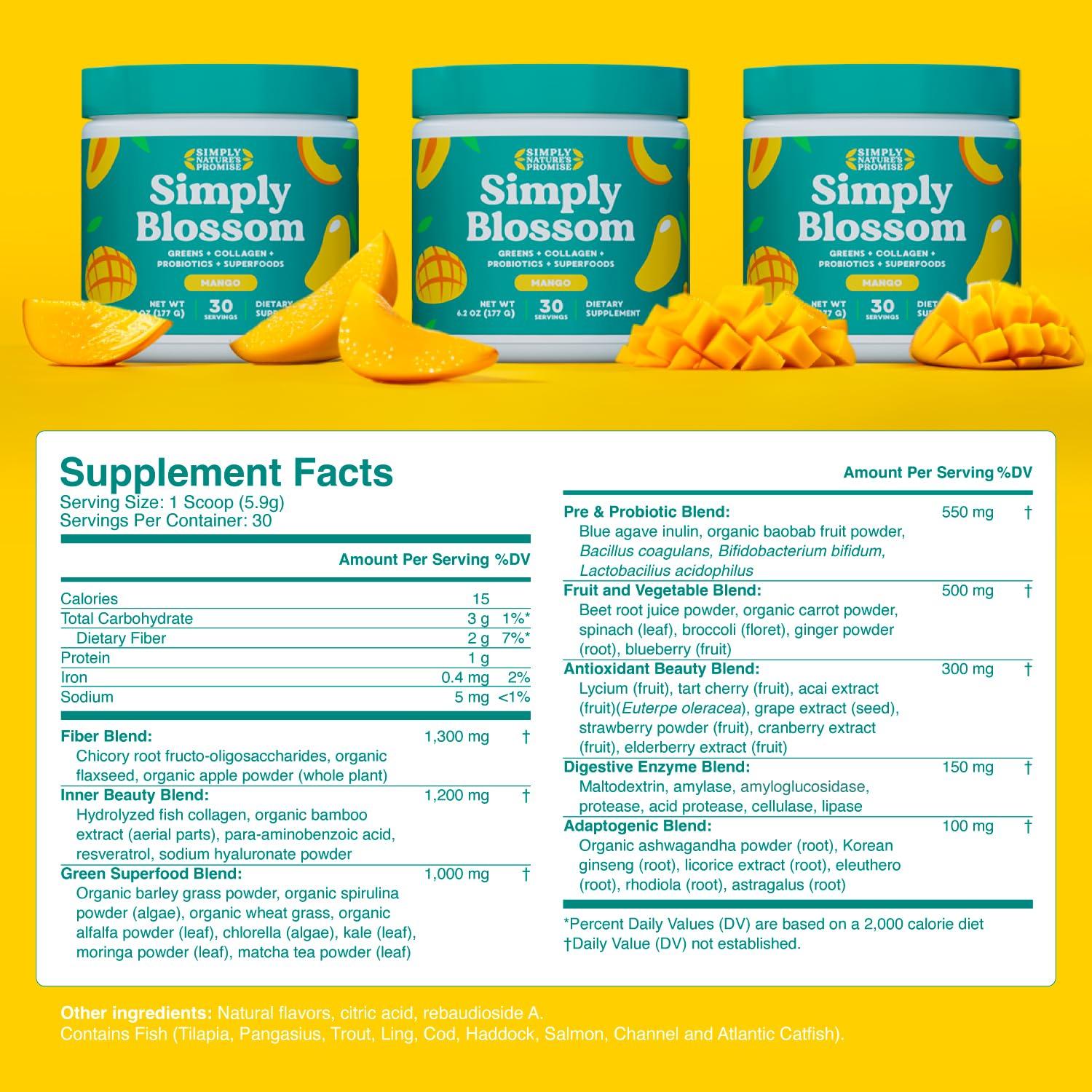 Simply Nature's Promise Simply Blossom Nutrition Daily Greens & Superfood Powder + Collagen + Probiotics for Women's Digestive Health & Bloating Relief. Help Your Health Bloom - 30 Day Supply - Mango