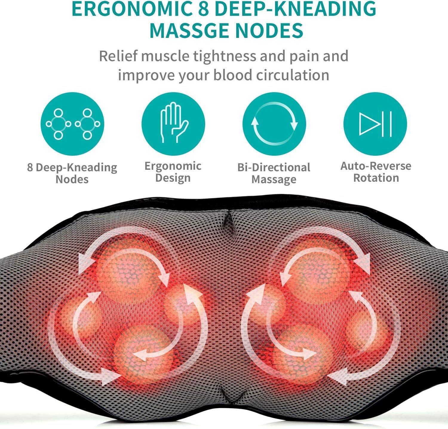Nekteck Nekteck Shiatsu Neck and Back Massager with Soothing Heat, Electric Deep Tissue 3D Kneading Massage Pillow for Shoulder, Leg, Body Muscle Pain Relief, Home, Office, and Car Use