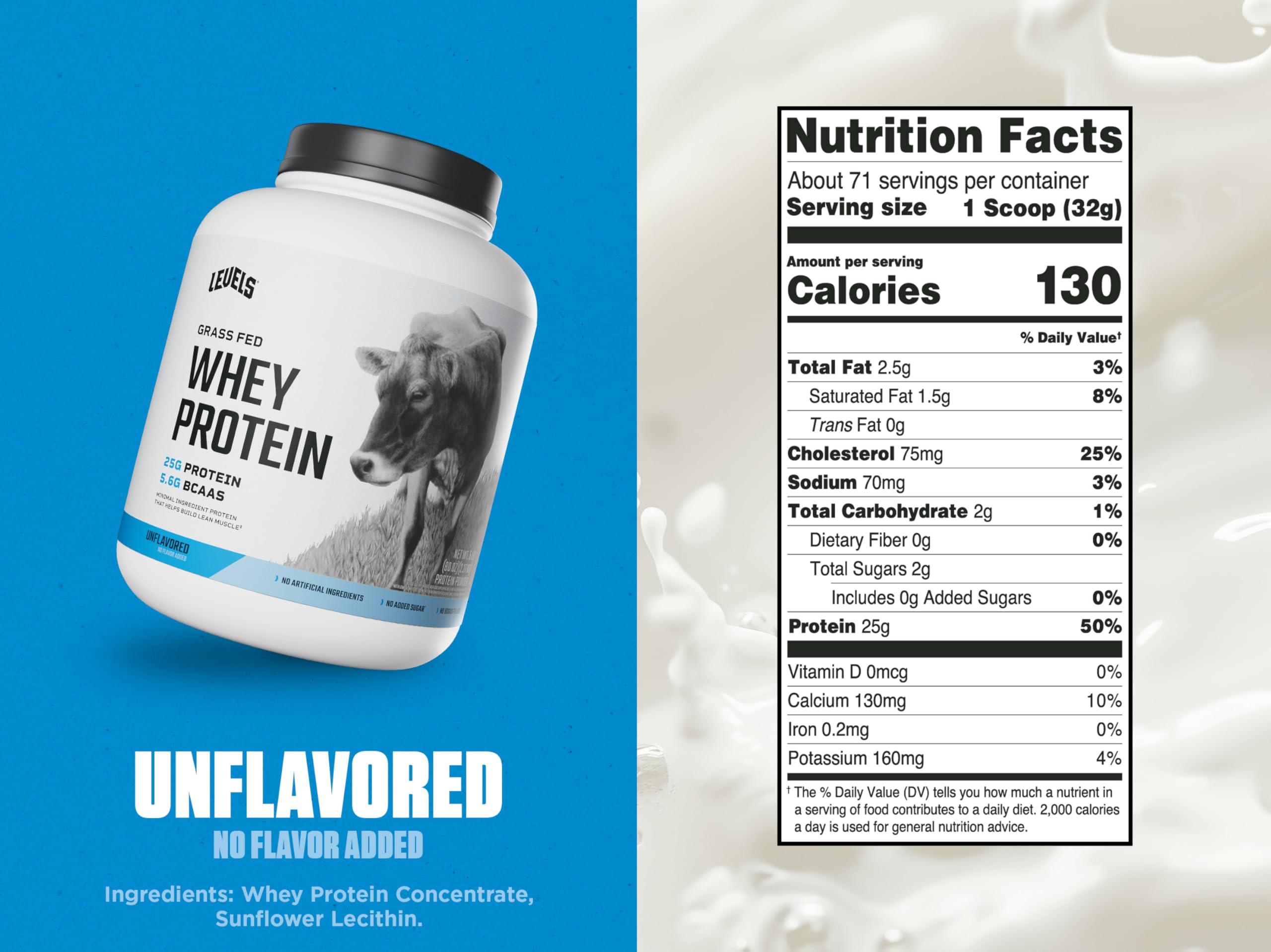 Levels Nutrition Levels Grass Fed Whey Protein, No Artificials, 25G of Protein, Unflavored, 5LB