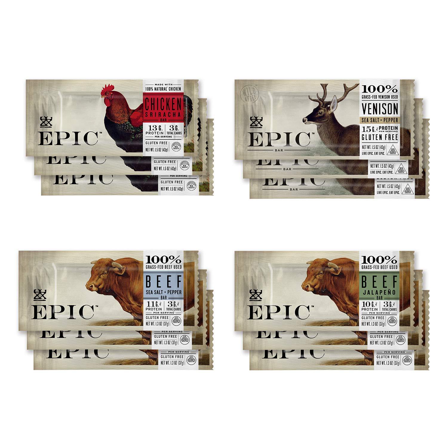 Epic Provisions EPIC Bars, Variety Pack (Chicken, Beef, Venison), Keto-Friendly, 12 Bars