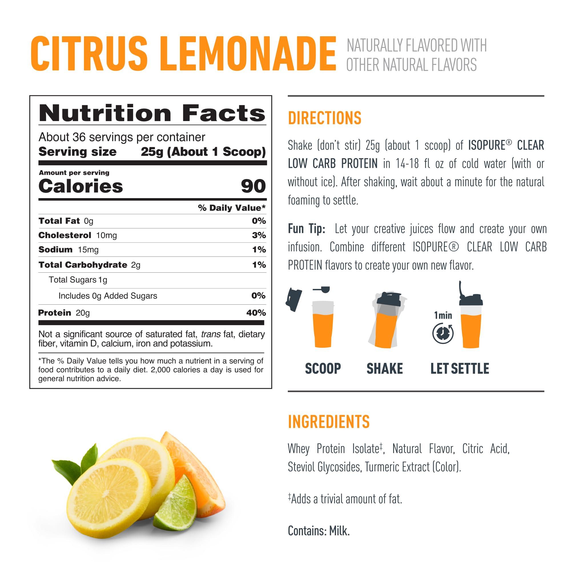 Isopure Isopure Clear Whey Isolate Protein Powder Infusions, Lactose Free, Gluten Free, Naturally Flavored, Citrus Lemonade, 20g Protein Per Serving, 1.9 Lb, 36 Servings