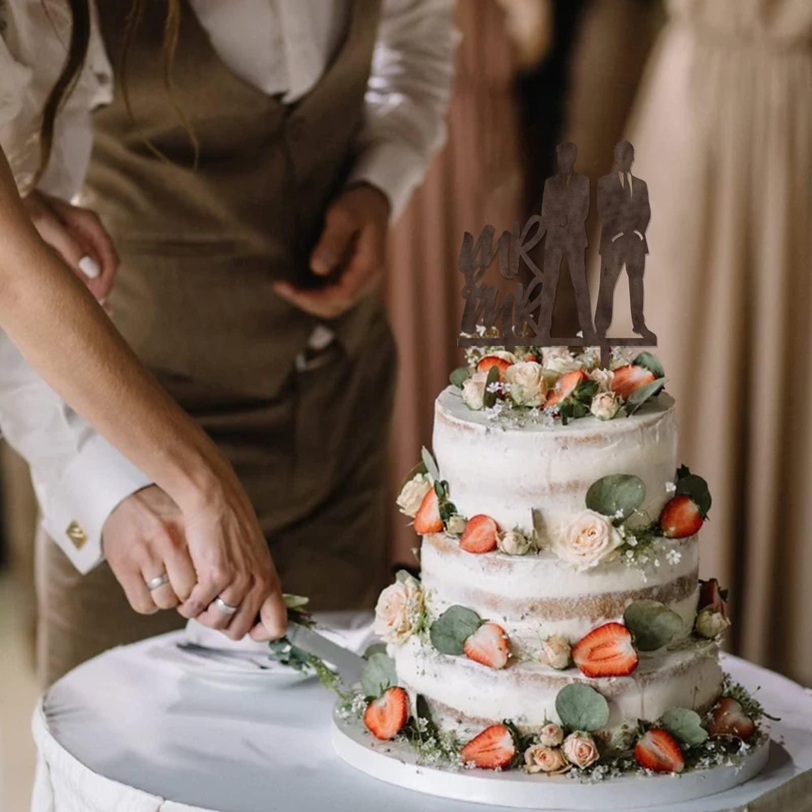 Mighun Mr & Mr Cake Topper - Same Sex Silhouette - Two Men Standing Rustic Cake Topper for Gay Couple Wedding/Coimg Out Party Decoratoions