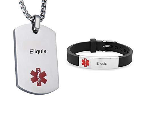 LiFashion LiFashion LF Stainless Steel Eliquis Medical Alert Dog Tag ID Pendant Caduceus necklace Set Adjustable Silicone Rubber Chain Medical ID Health Alert Monitoring Systems Jewelry Sets for Men Women