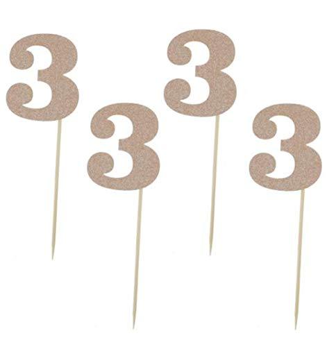 Shiningparty Glitter Rose Gold 3rd Birthday Party Cupcake Toppers. 24 Pack Number"3" Cupcake Toppers