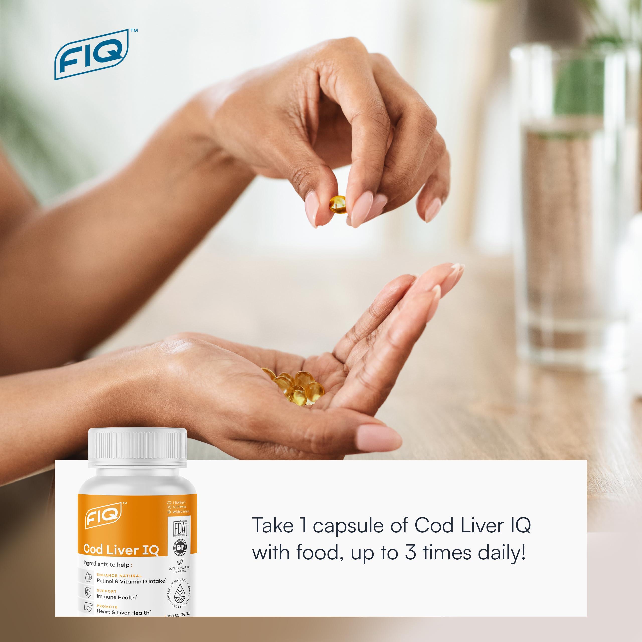 FIQ FIQ - Cod Liver IQ - Cod Liver Oil Softgels - Natural Source of Vitamins A & D and Omega-3 Fatty Acids - Heart, Liver & Immune Health - 100 Softgels