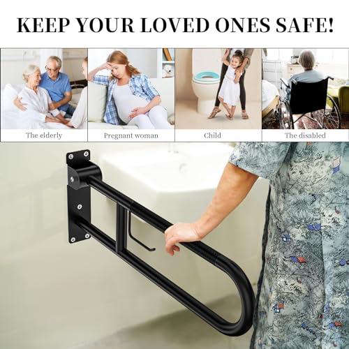 YuanDe Toilet Grab Bar 30.3 Inch, YuanDe Flip Up Grab Bar with Paper Holder,Matte Black Anti-Slip Safety Bars for Toilet, Stainless Steel Knurled Toilet Handles for Seniors Disabled Elderly Pregnant