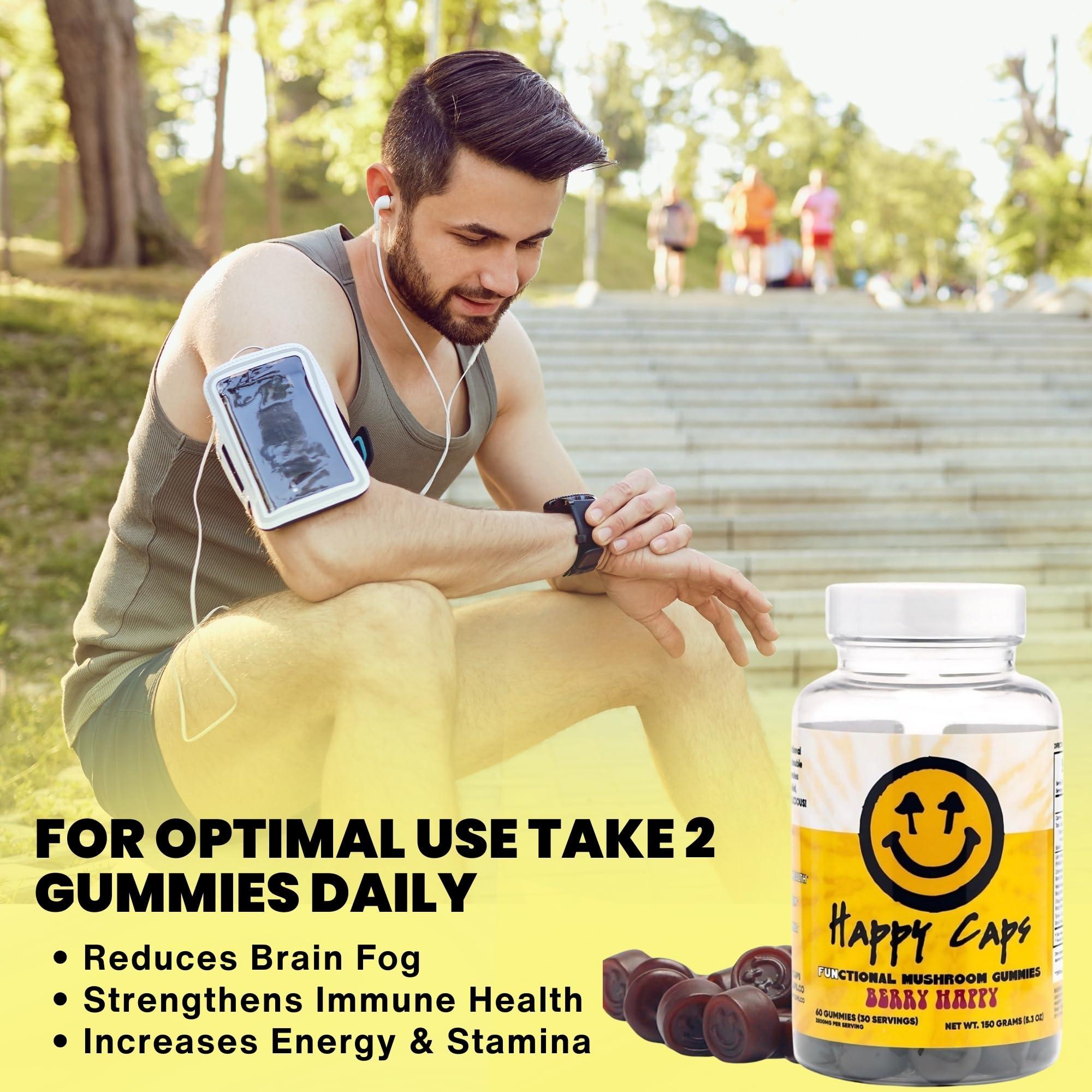 Happy Caps Happy Caps Functional Mushroom Gummies - Lions Mane, Cordyceps, Chaga, Reishi - Immune System Booster & Nootropic Brain Supplement - 60 Gummies (1)