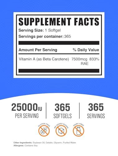 BulkSupplements BulkSupplements.com Beta Carotene 25000 IU Softgels - Vitamin A Supplement, Beta Carotene Supplements - for Eye Support, Gluten Free, 1 Softgel per Serving, 365 Count (Pack of 1)