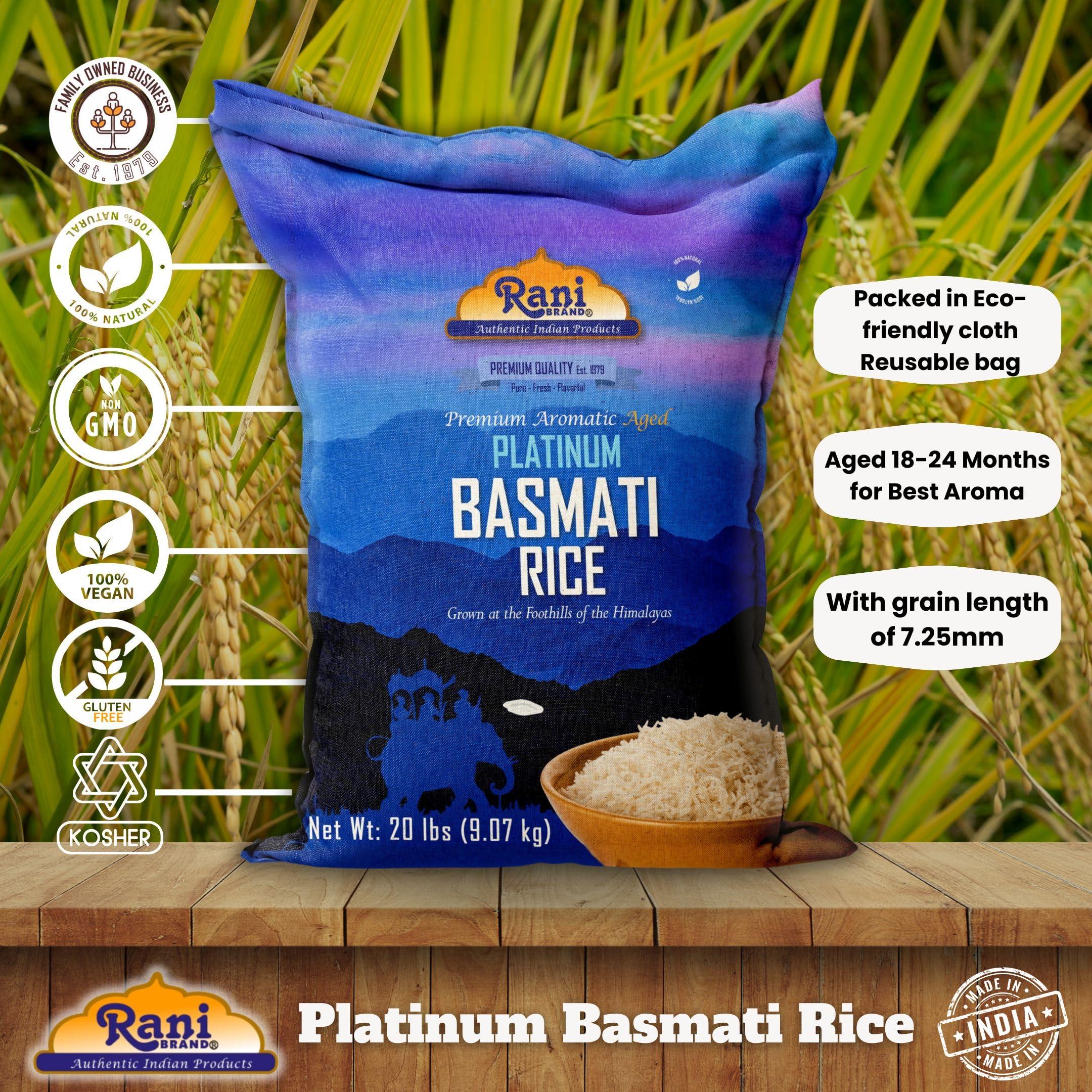 Rani Brand Authentic Indian Products Rani Platinum White Basmati Rice Extra Long Aged 20-Pound Bag, 320oz (20lbs) 9.08kg ~ All Natural | Gluten Friendly | Vegan | Indian Origin | Kosher | Export Quality