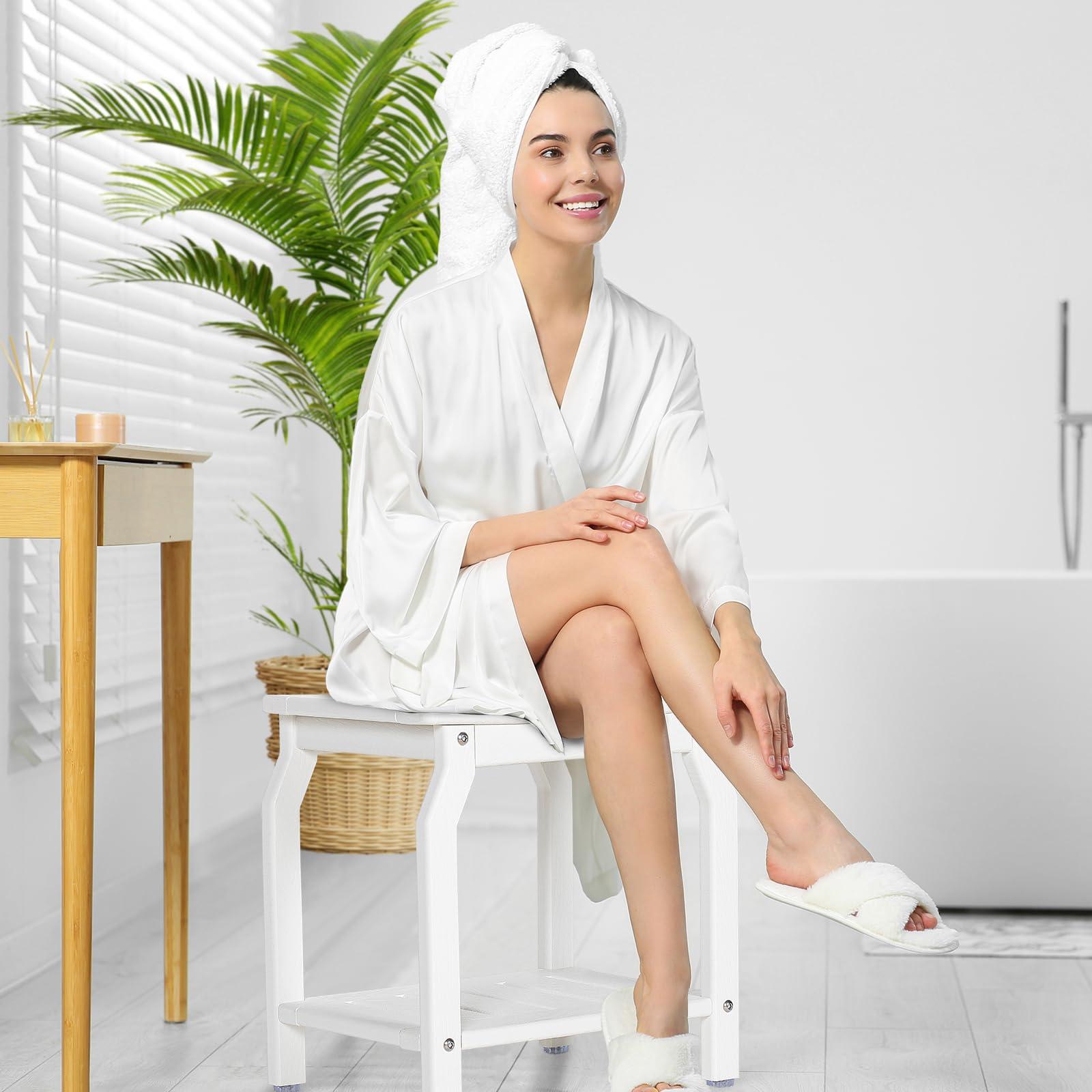 LOENIY LOENIY 2-Tier HDPE Shower Bench with Non-Slip Foot Pads, Wood-Like Spa Shower Stool for Inside Shower, Ergonomic Water-Proof Bathroom Bench Seat with Storage Shelf, for Seniors & Adults (White)