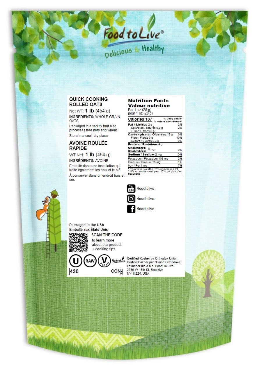 Food to Live Food to Live Quick Cooking Rolled Oats, 1 Pound One Minute Oatmeal, Whole Grain, Instant Meal, Dry Thin Flakes, Uncooked, Raw Whole Foods, Vegan, Kosher, Bulk.Great for Breakfast Cereal