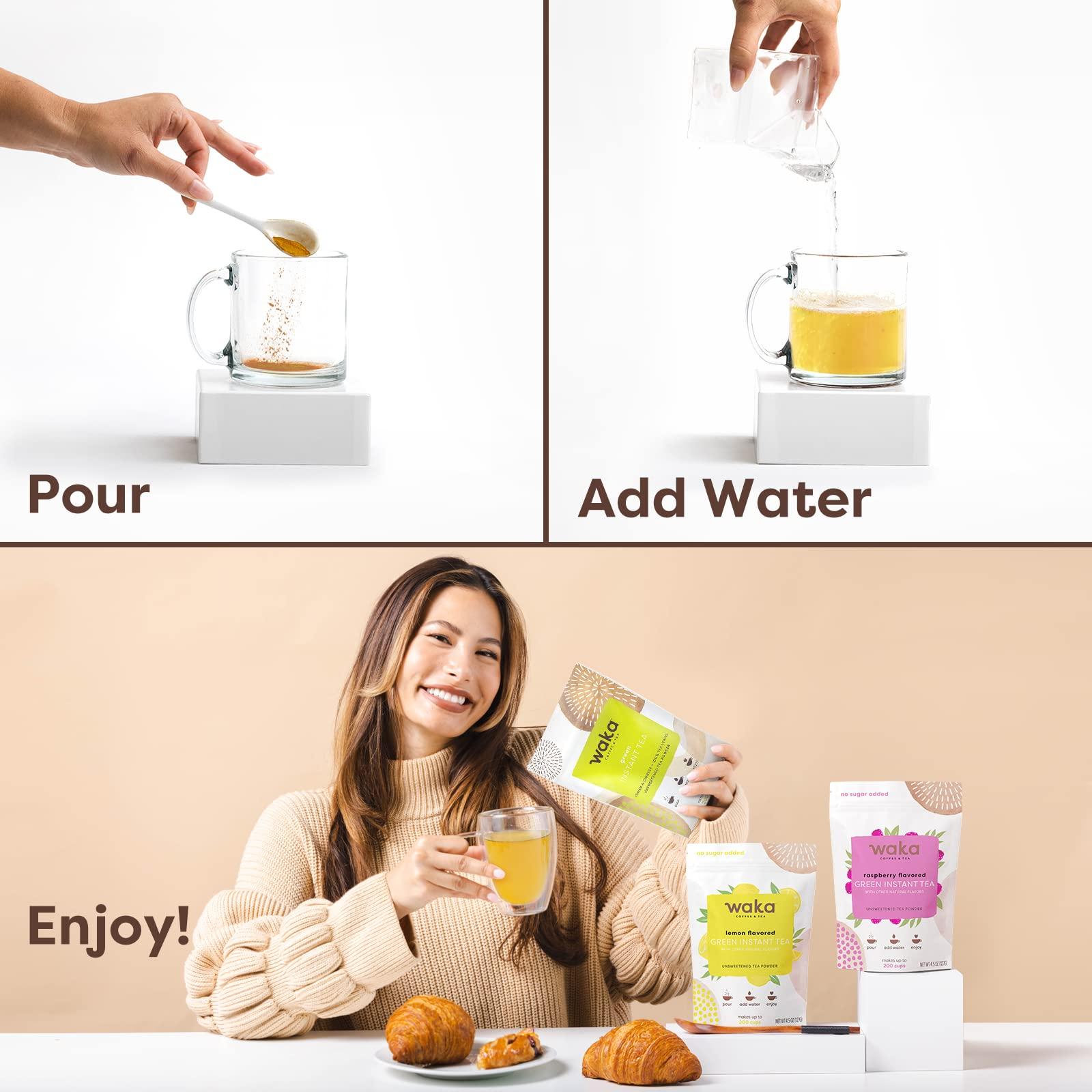 Waka Coffee Waka Instant Tea Mix, 3 Bag Bundle - 100% Tea Leaves, No Additives, Unsweetened Tea Powders - Classic, Raspberry Flavored, Lemon Flavored Green (4.5oz Each)