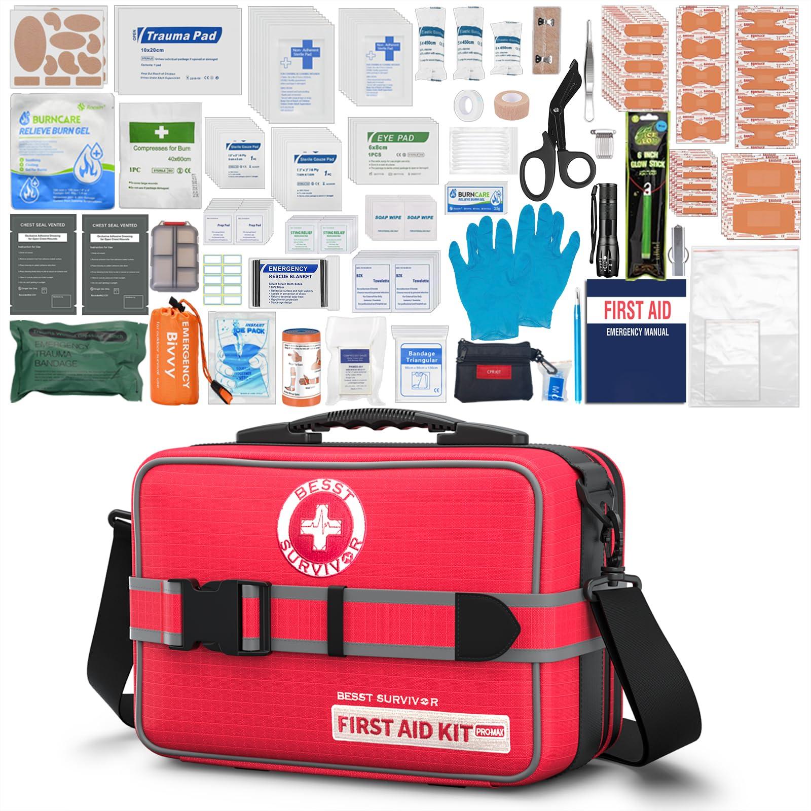 Besst Survivor Upgrade Comprehensive Premium First Aid Kit, Labeled Compartments Trauma Kits with Shoulder Strap, Large Emergencies Medical Kits for Home, Truck, Camping, Sports, Outdoor Emergencies -265 Piece Set