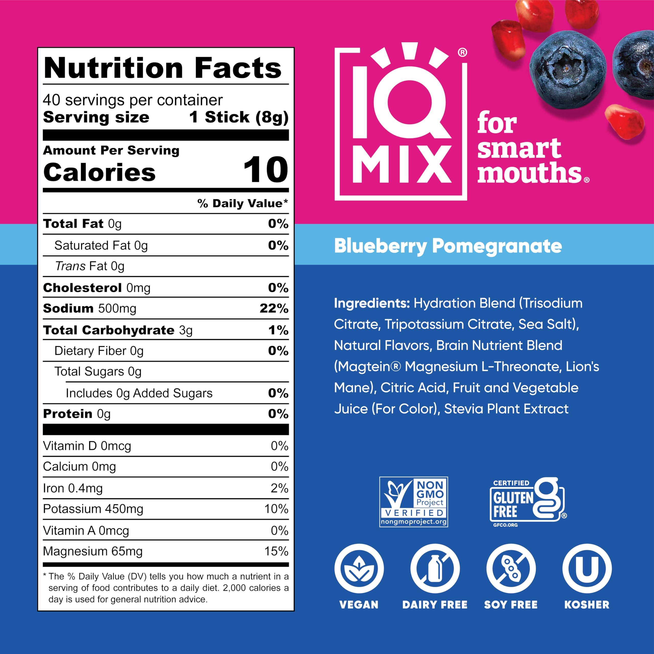IQBAR IQMIX Sugar Free Electrolytes Powder Packets - Hydration Supplement Drink Mix with Keto Electrolytes, Lions Mane, Magnesium L-Threonate, and Potassium Citrate - Blueberry Pomegranate (40 Count)