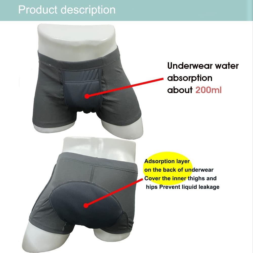 Esfeely Men\'s Washable Incontinence Underwear Adults Patient Reusable Breathable Boxer Diapers for Adults Prostate 200ml (Large, Grey)