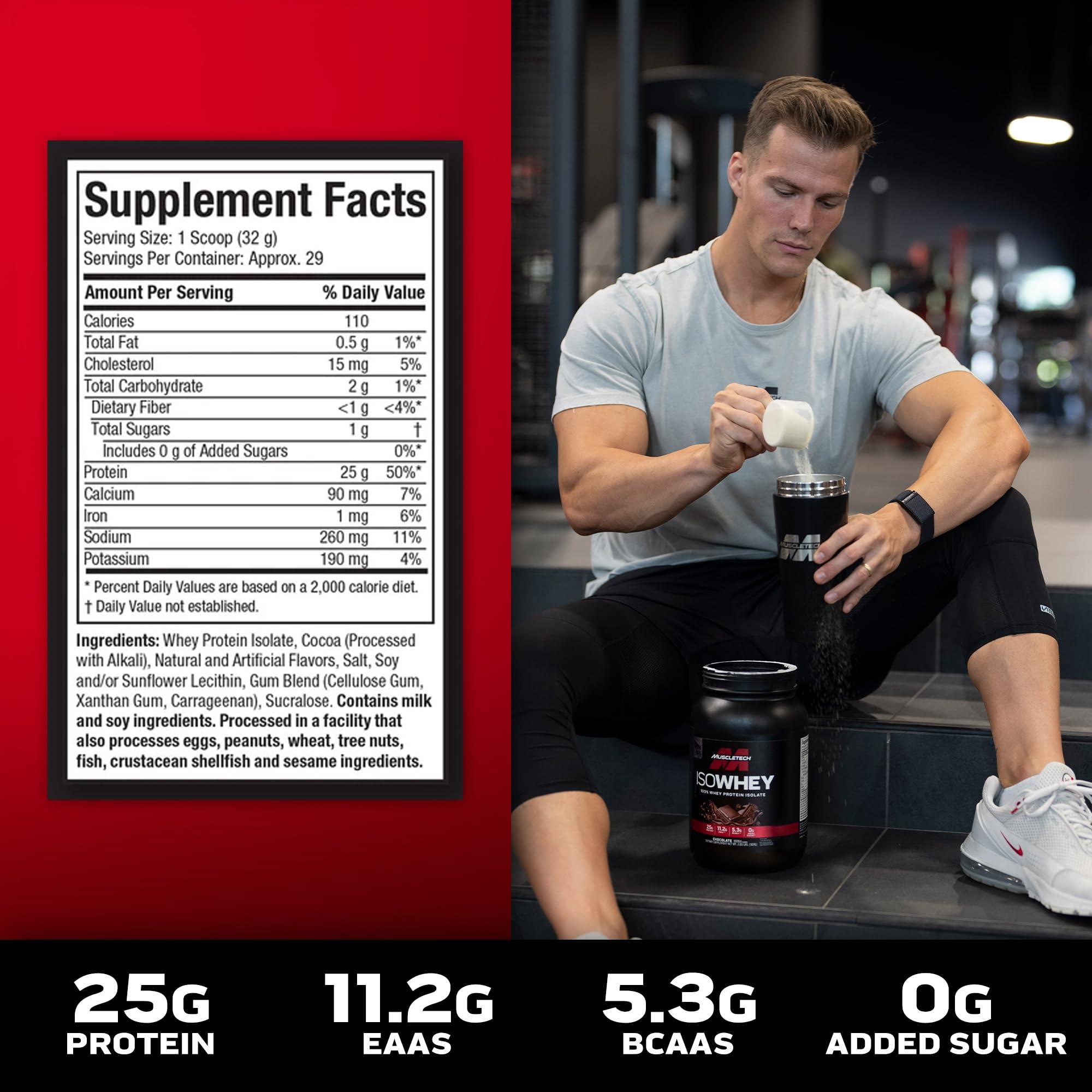 MuscleTech MuscleTech ISO Whey Isolate Protein Powder, Chocolate - Post Workout Gym Supplement for Lean Muscle Gain, Body Building Weight Gainer & Recovery - 25g Protein, BCAA, EAA & 0 Added Sugar - 2lbs