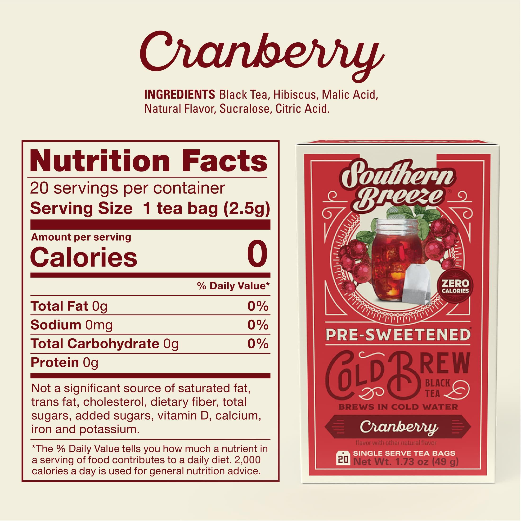 Southern Breeze Southern Breeze Cold Brew Sweet Tea Cranberry Iced Tea with Black Tea and Zero Carbs Zero Sugar, 20 Individually Wrapped Tea Bags Pack of 2