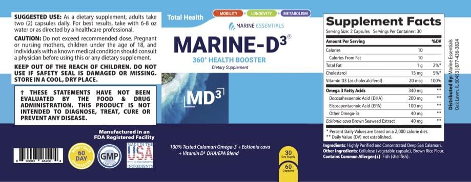 Marine Essentials Marine Essentials- Marine D3 Omega 3 Calamari Ecklonia Cava DHA (6 Bottles - 360 Capsules)