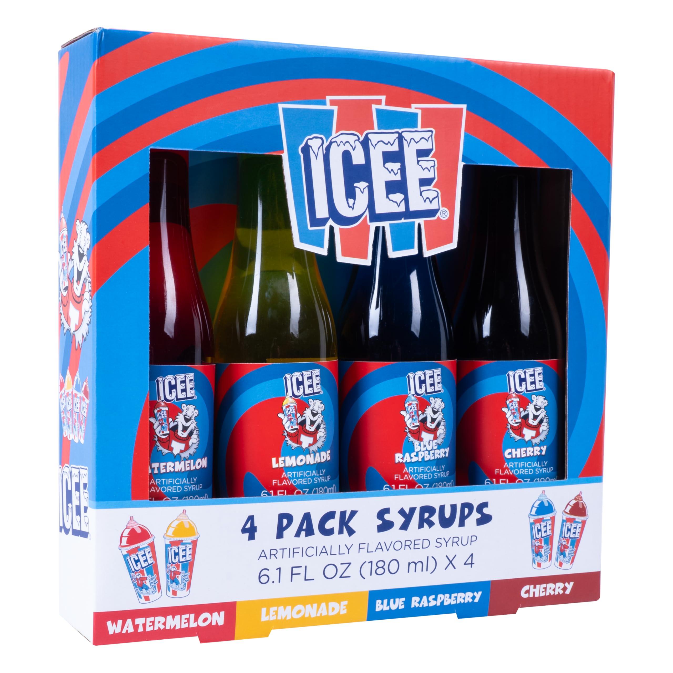 Fizz Creations ICEE 4 Pack Slushie Syrups. Genuine ICEE Slushy syrups including Watermelon, Lemonade, Blue Raspberry & Cherry Flavors. 4 x 6.1floz. Officially Licensed ICEE Merchandise from Fizz Creations.