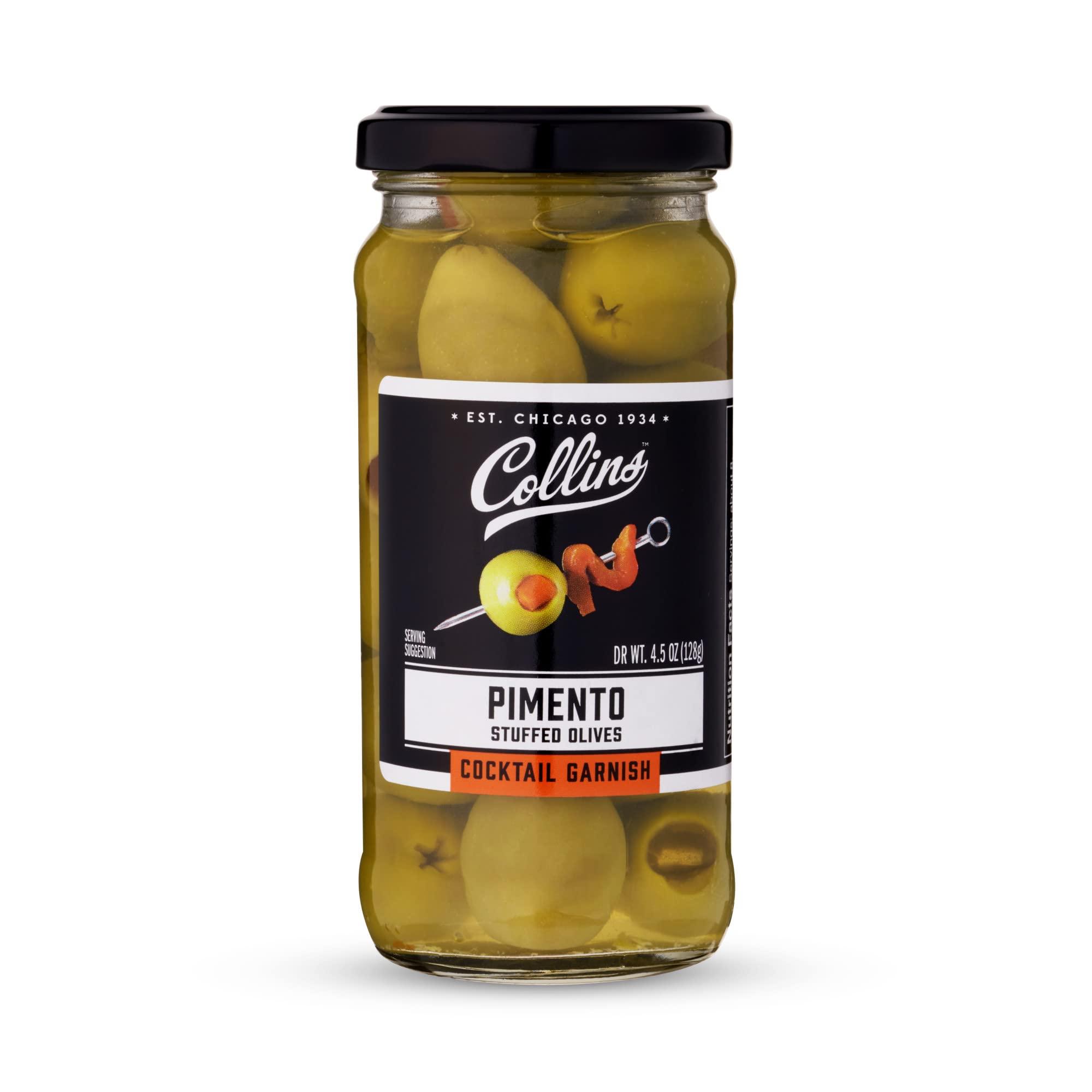 Collins Collins Pimento Stuffed Olives - Gourmet Cocktail Olives - Spanish Queen Olives with Pimento Pepper, Dirty Martini cocktail and Condiment Olives 4.5oz
