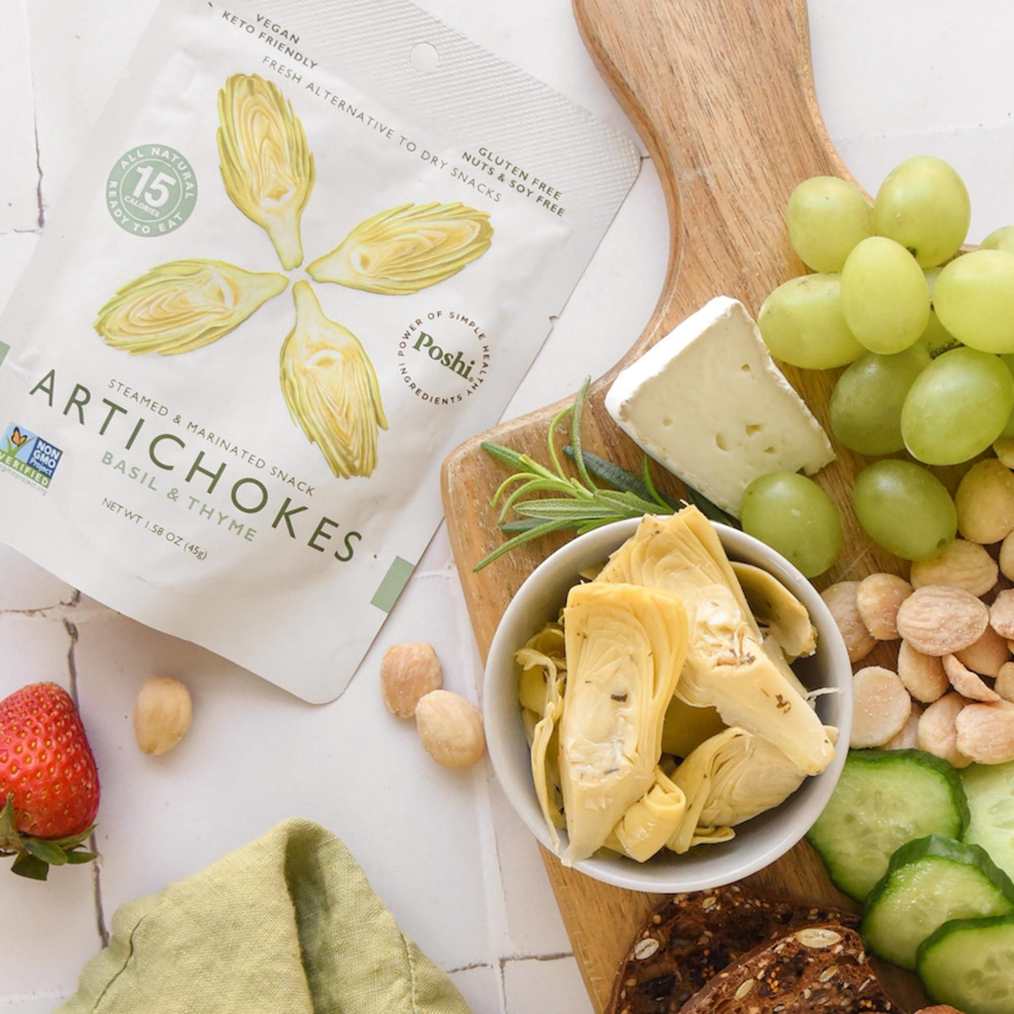 Poshi POSHI Marinated Artichoke Hearts Snack Pack | Basil + Thyme | Keto, Vegan, Paleo, Non GMO, Low Carb + Calorie, Gluten Free, Fully Cooked Vegetables, Gourmet, Healthy, All Natural (10 Pack, 1.58 oz)