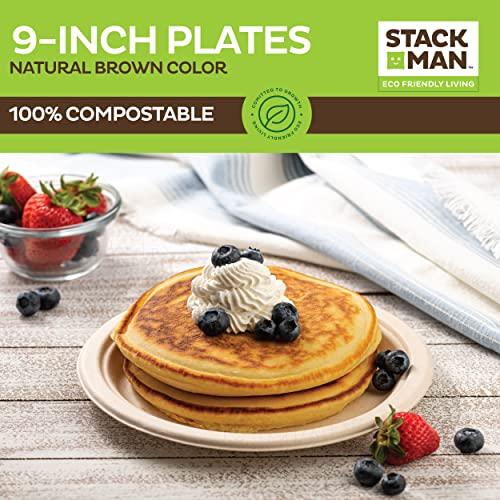 Stack Man 100% Compostable Paper Plates 9 Inch [500 Count] Heavy-Duty Dinner Plates - Natural Brown Color Unbleached Bagasse - Eco-Friendly Disposable Biodegradable Sugarcane Plates - [Bulk Case 4/125 Pack]