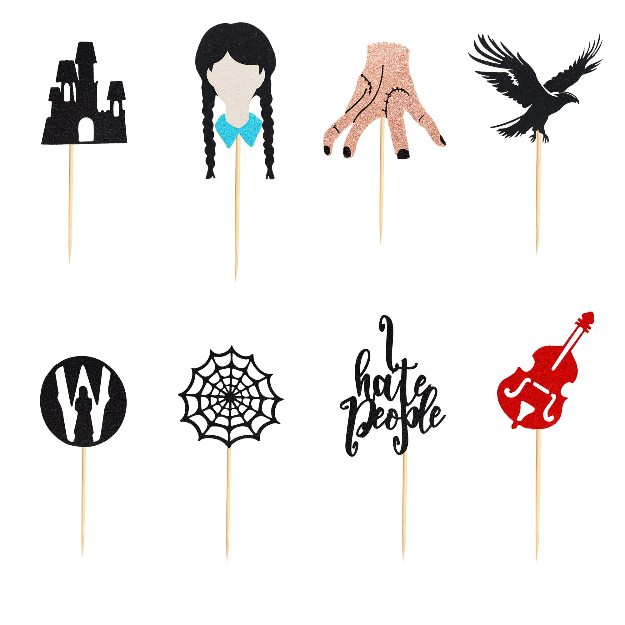 Arthsdite Arthsdite 24Pcs Horror Wednesday Addams Cupcake Toppers Thing Hand Black Eagle I Hate People Cobweb Castle Girl Addams Family Cupcake Picks for Fantasy Wednesday Birthday Party Cake Decorations