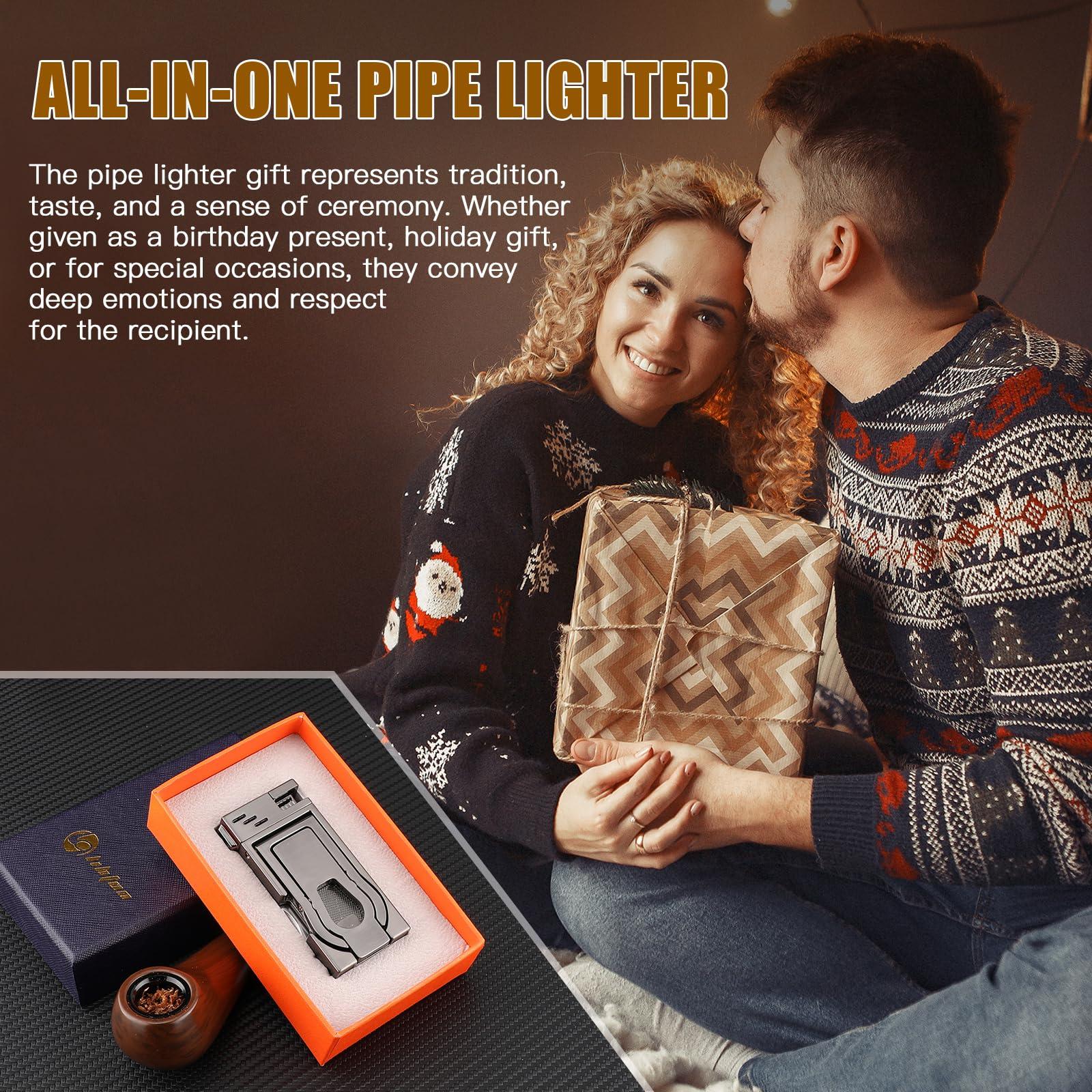 LIHTUN LIHTUN Pipe Lighter with Pipes Stand, Refillable Butane Lighters with Stainless Steels 3 Pipe Tools Cleaner, 5 in 1 Soft Flame Lighter, Portable Pipe Lighters for Outdoor Indoor with Gift Box