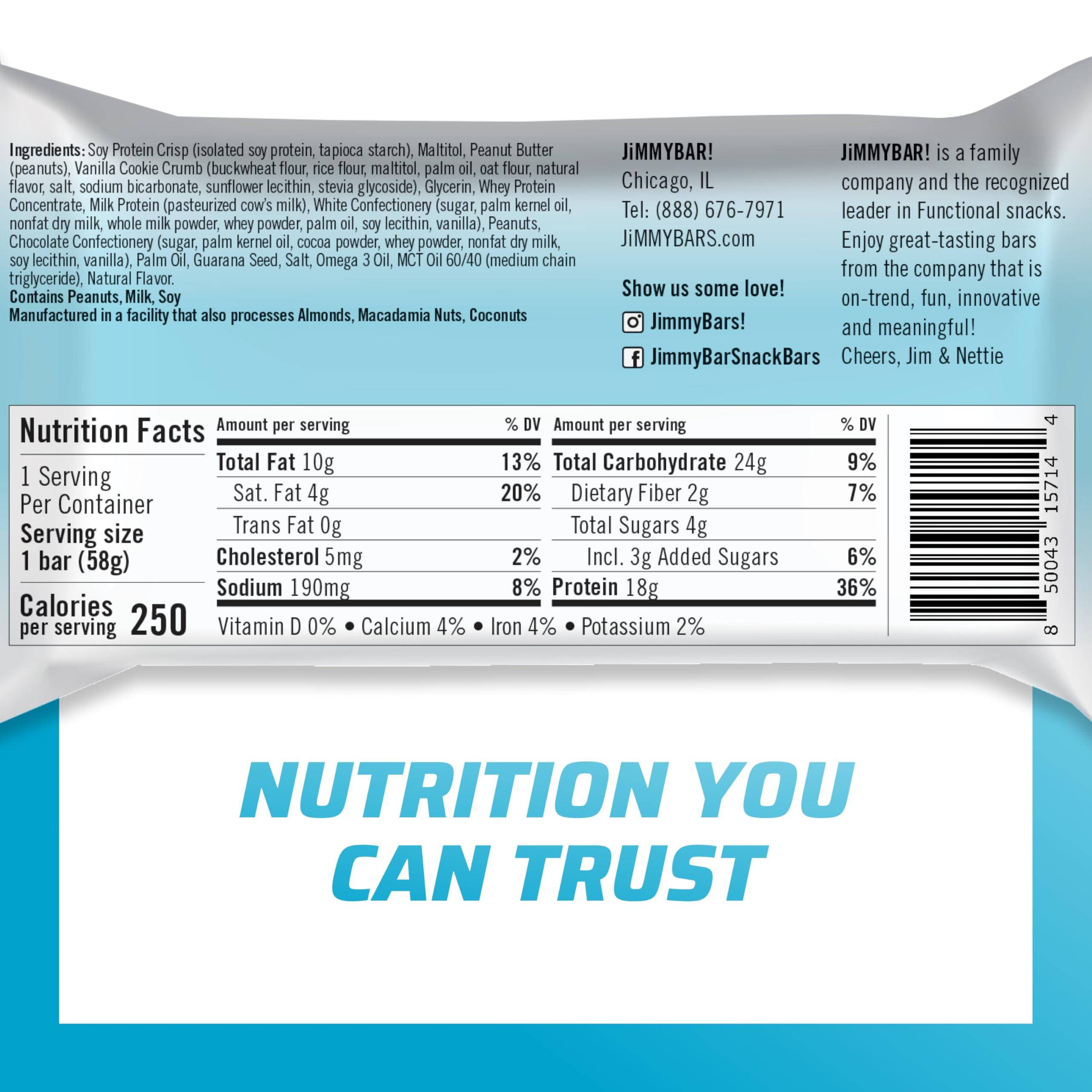 JIMMYBAR JiMMY\'S! Functional Protein Bars - Golden Vanilla Cookies and Cream -12 Count | 18g High Protein, Plant-Based Caffeine & Omega 3, Low Sugar, Gluten-Free, Energy Boosting