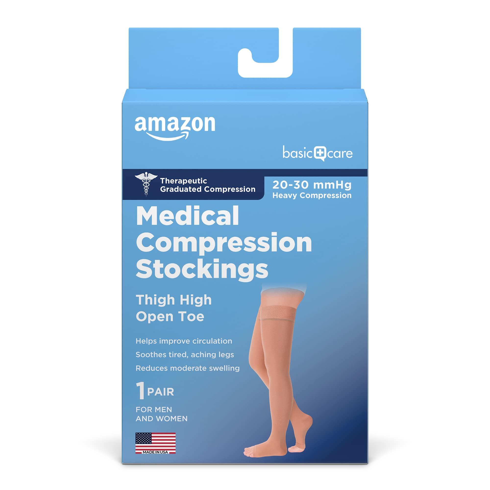 Amazon Basic Care Amazon Basic Care Medical Compression Stockings, 20-30 mmHg Support, Women & Men Thigh Length Hose, Open Toe, Beige, Large (Previously NuVein)