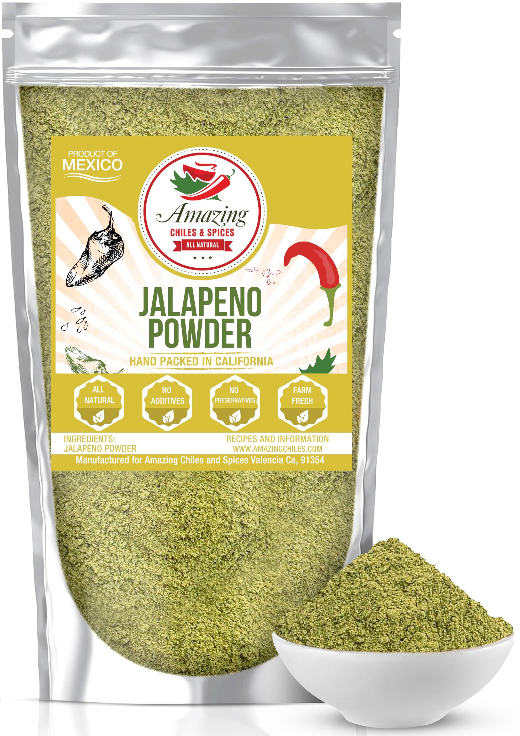 Amazing Chiles & Spices Jalapeno Powder Seasoning 8oz – Natural and Premium. Great For Chili, Salsa, Spice Blends, Stews, Tacos, Corn Bread. Medium to High Heat - fruity, spicy hot flavor. By Amazing Chiles & Spices.