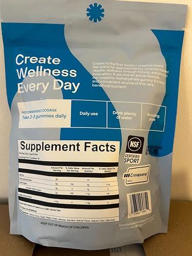 Create Create Creatine Monohydrate Gummies for Men & Women, Boost Focus, Strength, and Endurance, Anti-Melting Formula, Vegan, Gluten-Free, Non-GMO, 1.5g of Creatine per Gummy (Blue Raspberry, 90ct)