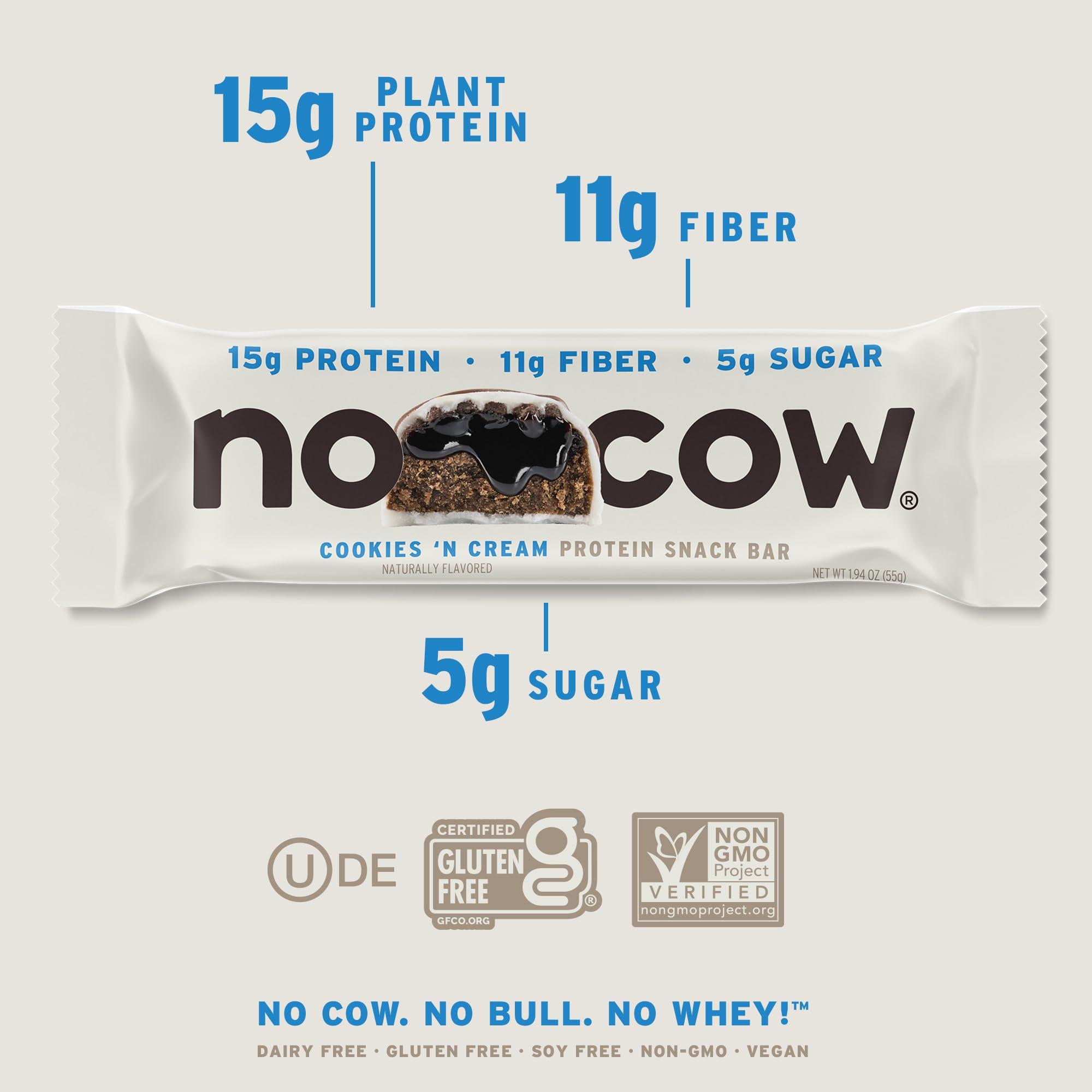 No Cow No Cow Vegan Protein Bars with Low Sugar & High Protein, 15g Plant Based Protein & 10g Fiber Snacks for On-the-Go Nutrition & Post-Workout, Gluten-Free, Dairy-Free (Cookies n Cream, 12 Count)