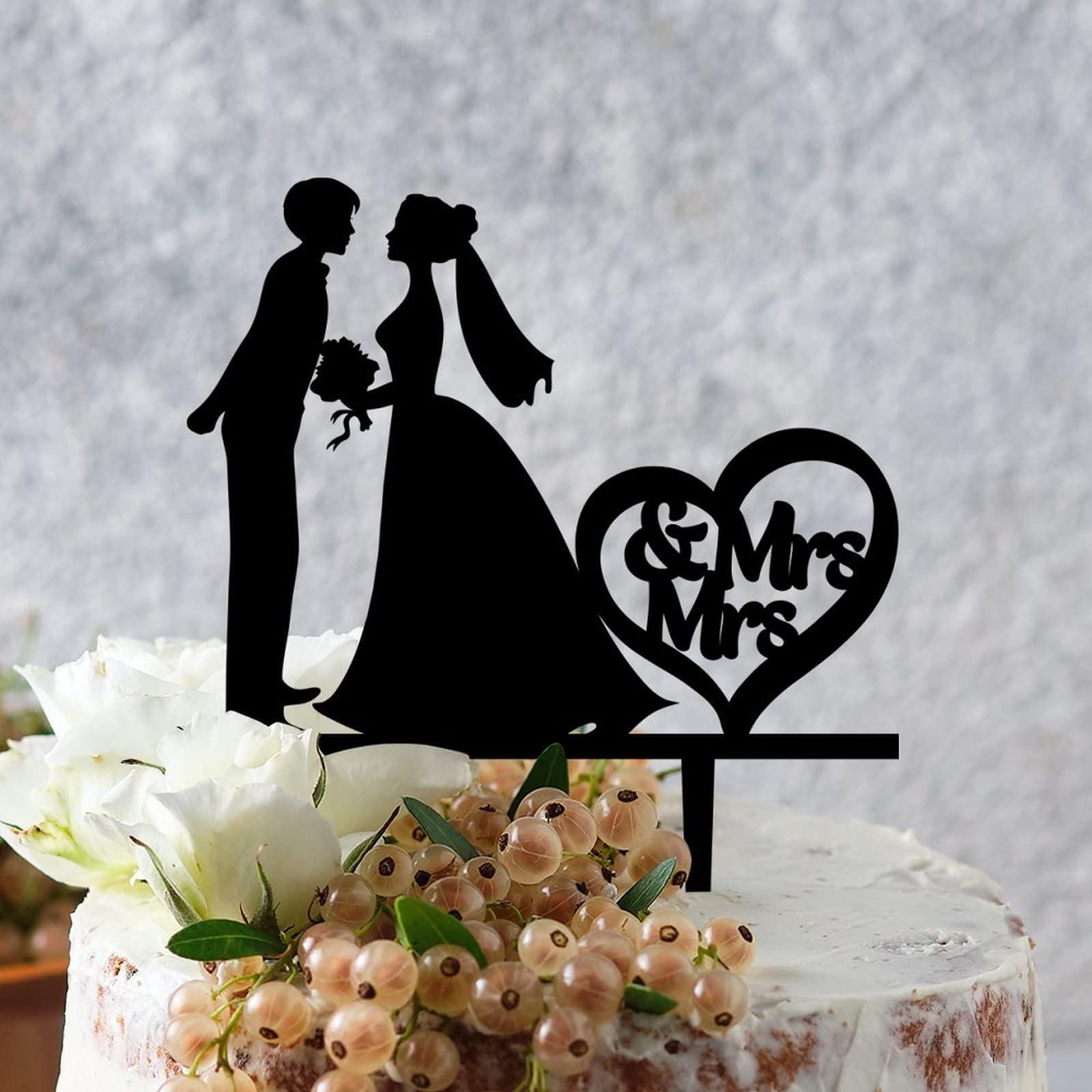 YJHLBHDIAN Two Brides Silhouette Wedding Cake Topper Mrs And Mrs Lesbians Cake Topper for Wedding Bride Couple Rustic Cake Topper Hers Engagement Cake Toppers Funny Custom LGBT Cake Topper Black Acrylic
