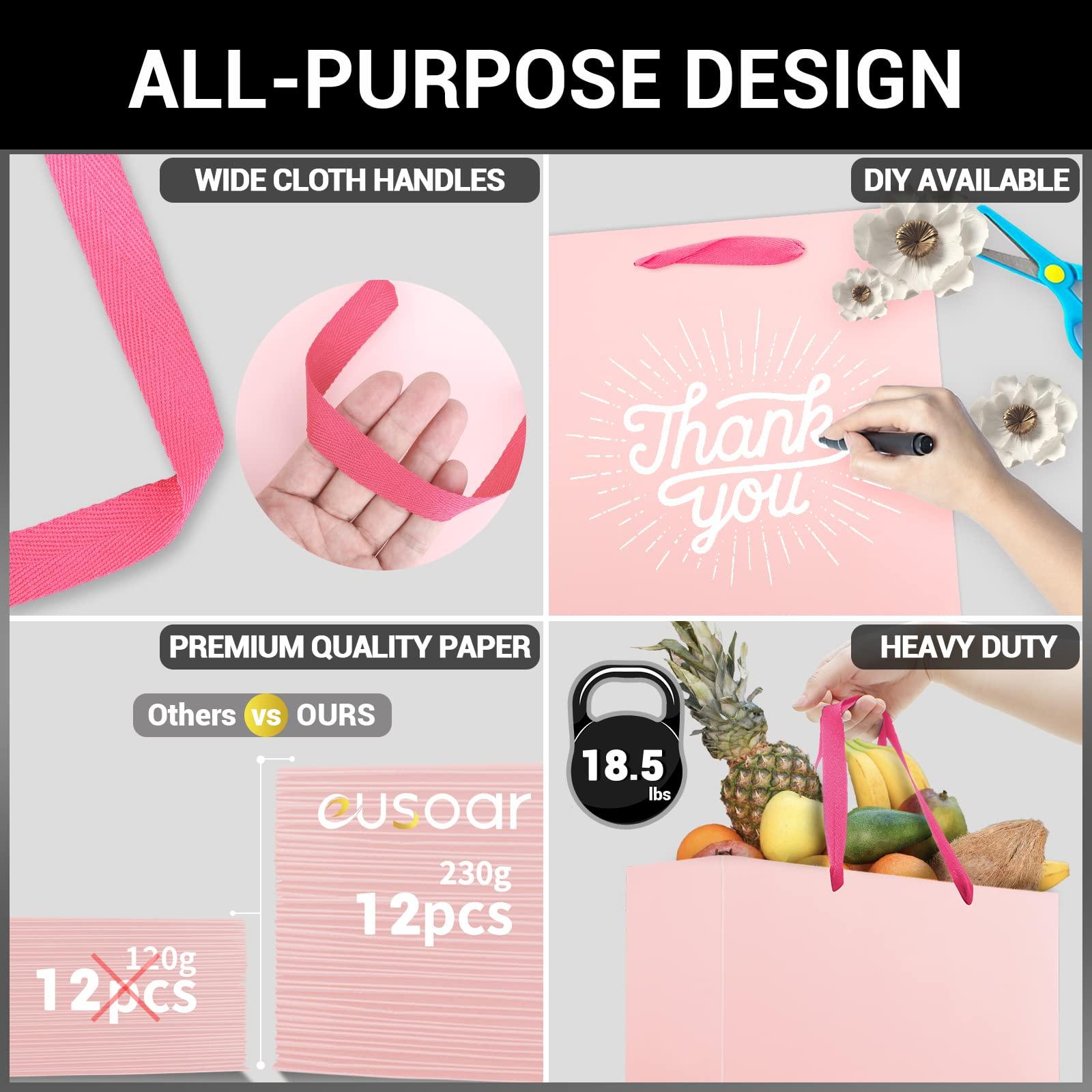 EUSOAR EUSOAR Extra Large Pink Gifts Wrap Bags, 12 Pack 16x6x12 inches Shopping Bags with Handles Bulk, Retail Wrapping Bags for Wedding, Craft Grocery, Boutique, Party Favor, Business