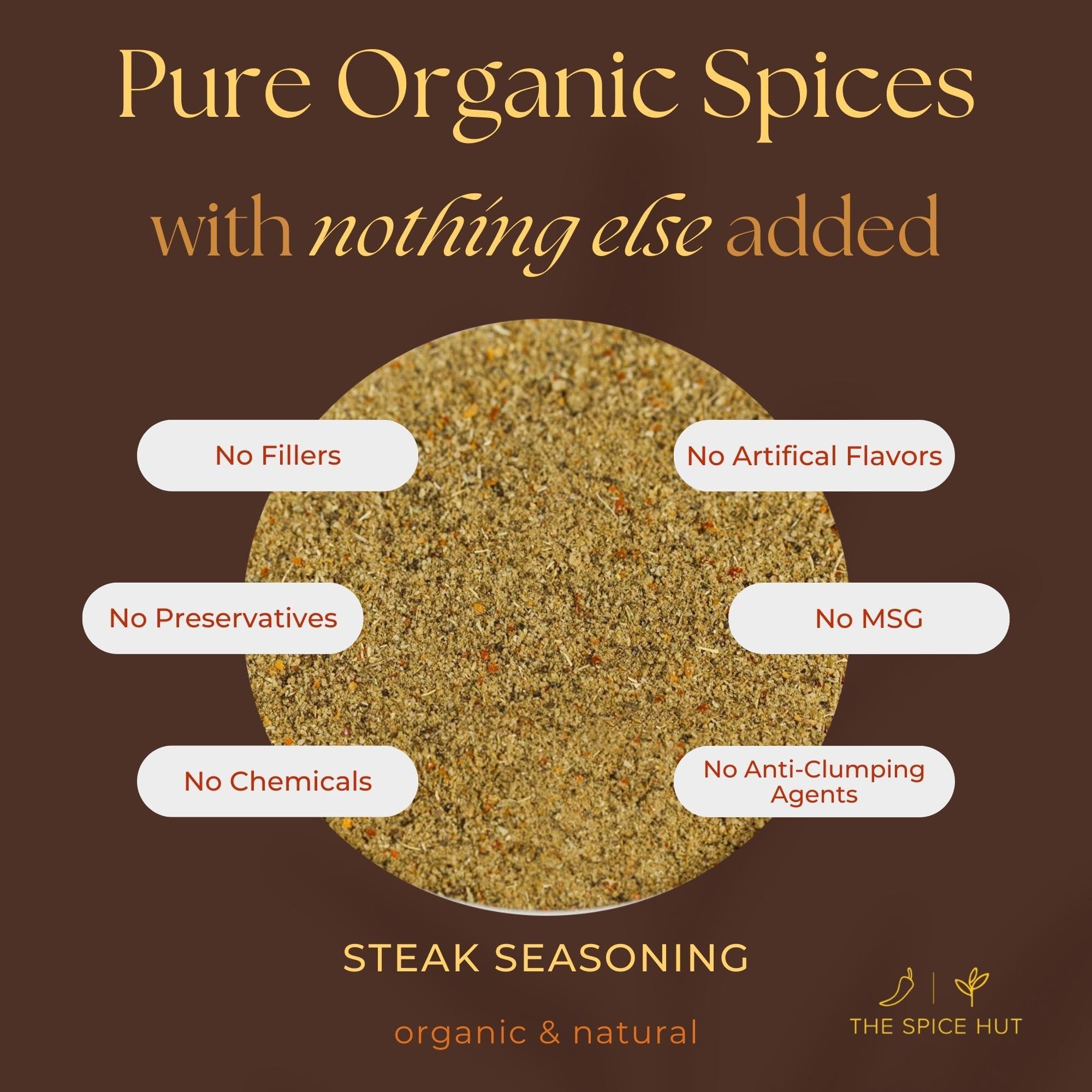 The Spice Hut Spice Hut - Organic Steak Seasoning & Dry Rub for Prime Rib, Roast, Burger / Sugar-Free, No Salt / Roadhouse Grill Spice Mix for Chicken, Chop House Seasoning Steak & Beef Rub / All-Natural, Kosher, Vegan, Gluten Free, Keto -No MSG- 1lb Bulk Pack