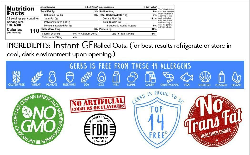 GERBS GERBS Gluten Free Instant Oats, 2 LBS. Premium Grade | Top 14 Food Allergy Free | Freshly harvested in Resealable Bulk Bag | Gluten Peanut Tree Nut Free