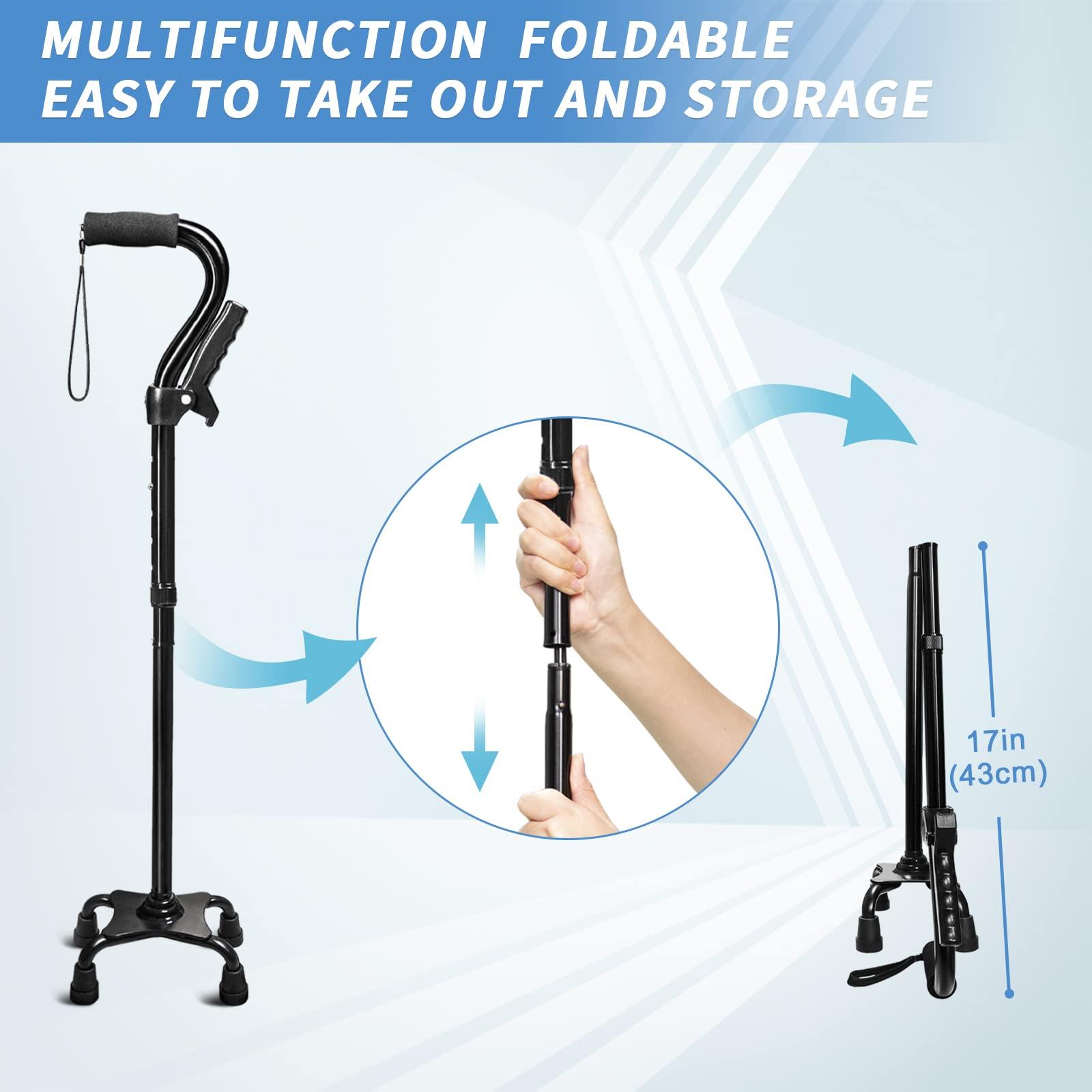 KingPavonini Adjustable Walking Cane for Men & Women with 4-Pronged Base for Extra Stability - Foldable Cane for Seniors with Foam Padded Offset Handle for Soft Grip & a Second Handle for Standing Black